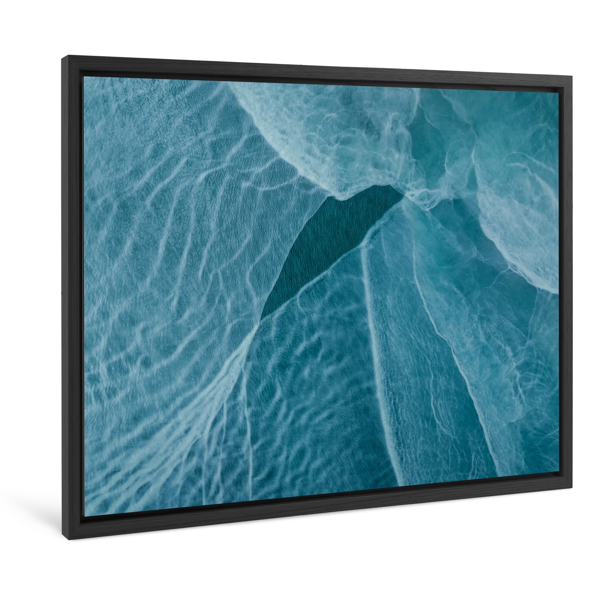 Framed photo print of glacial sediment mixing with ocean currents from above