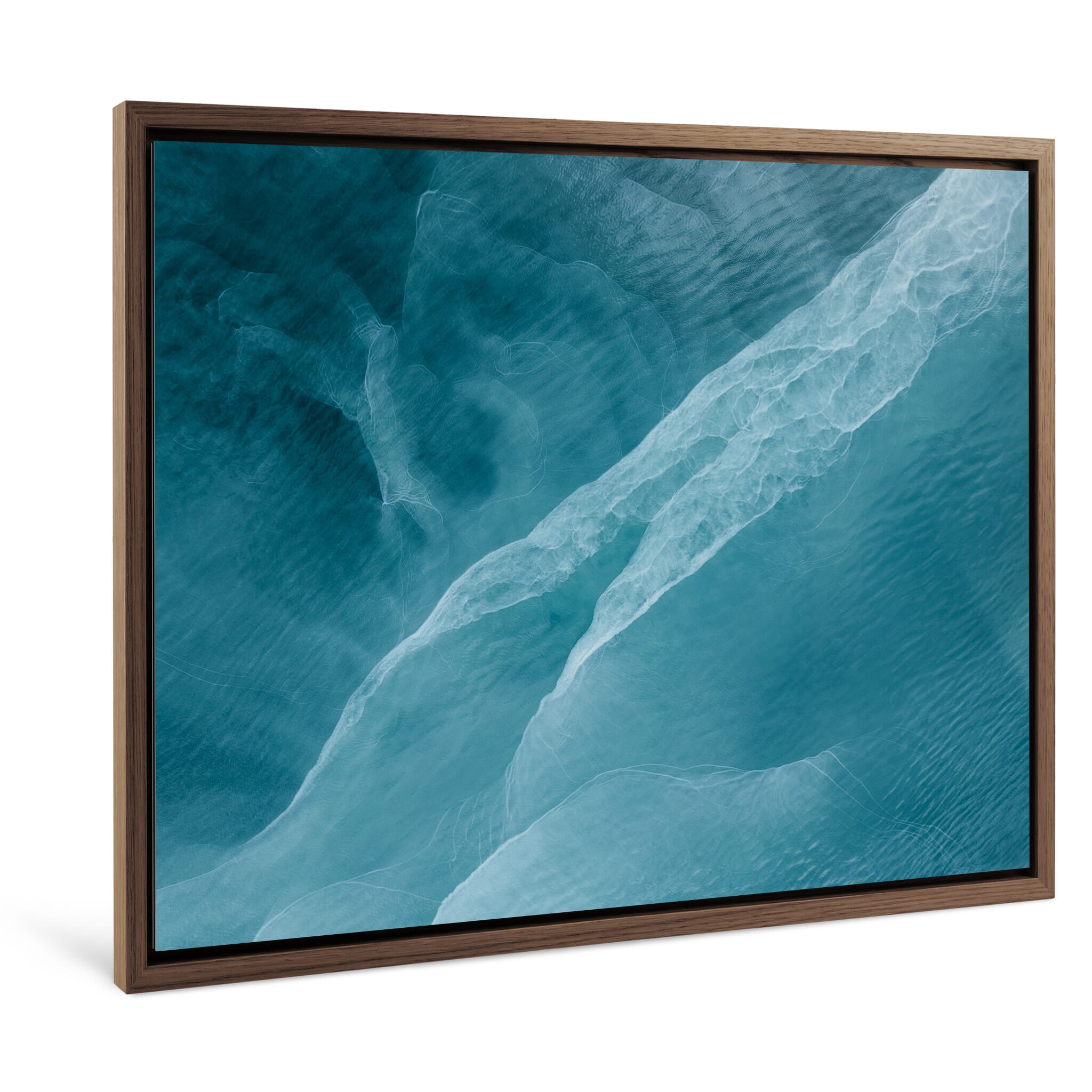 Framed photo print of abstract shoreline patterns with green and blue tones