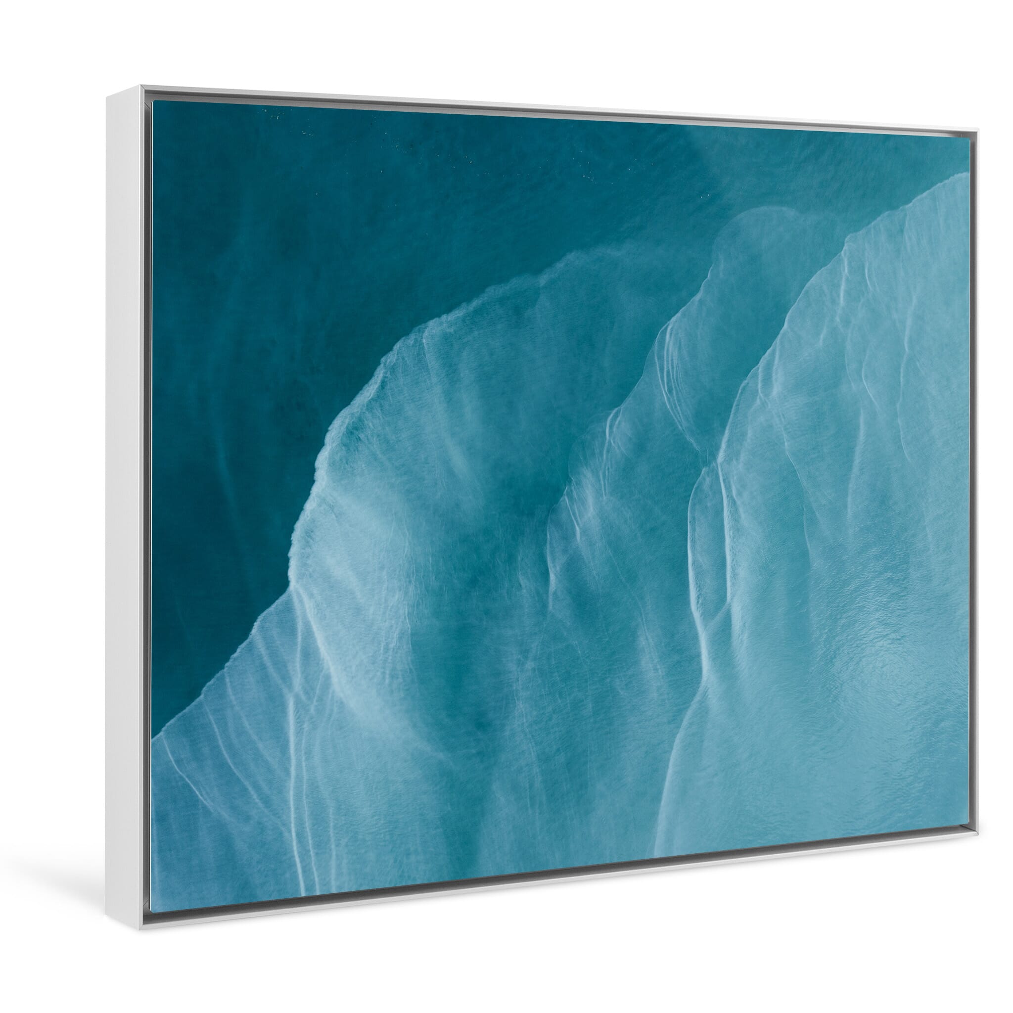Framed photo print of aerial view showing natural mineral hues in ocean bay