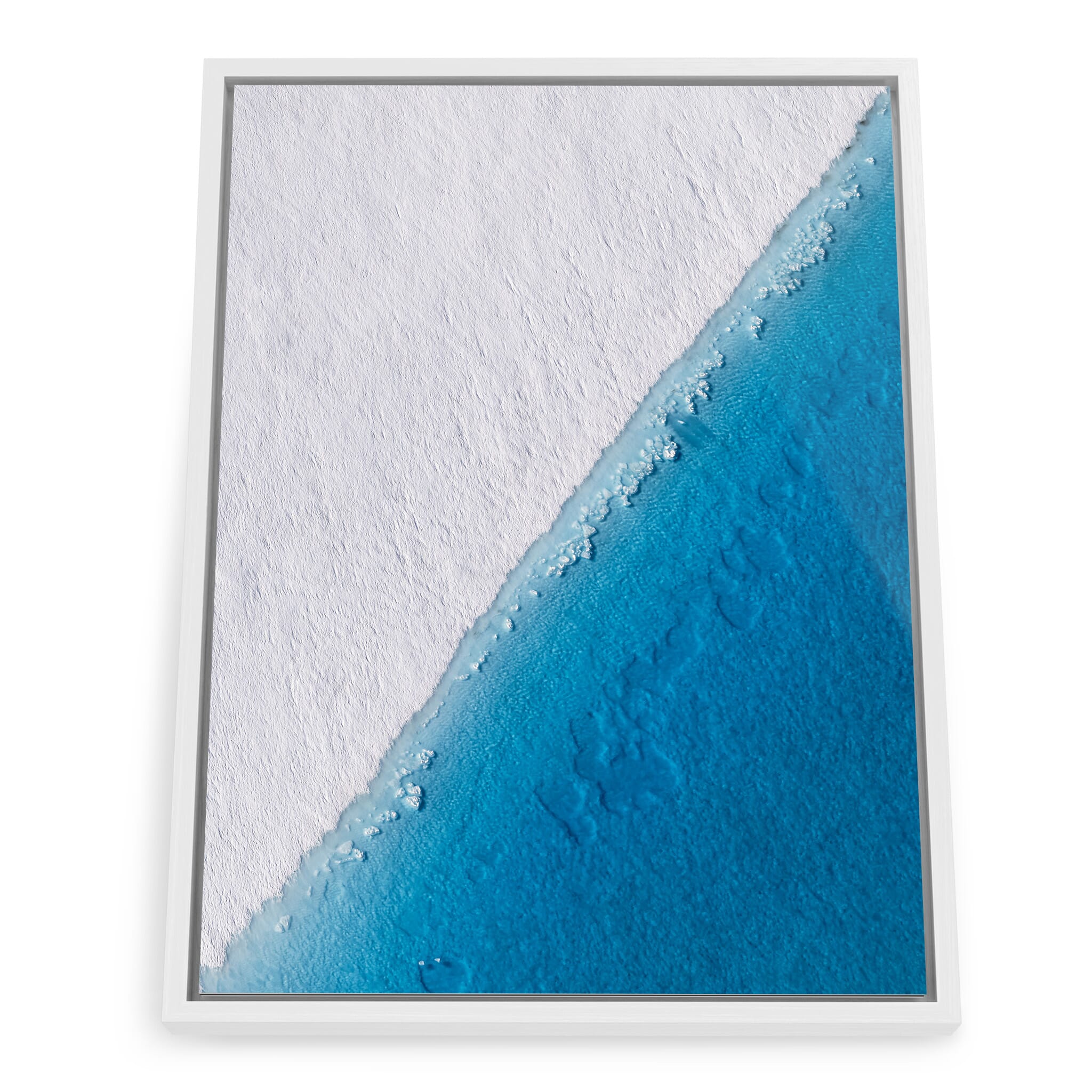 Framed photo print of deep blue glacier lakes shaped by melting ice
