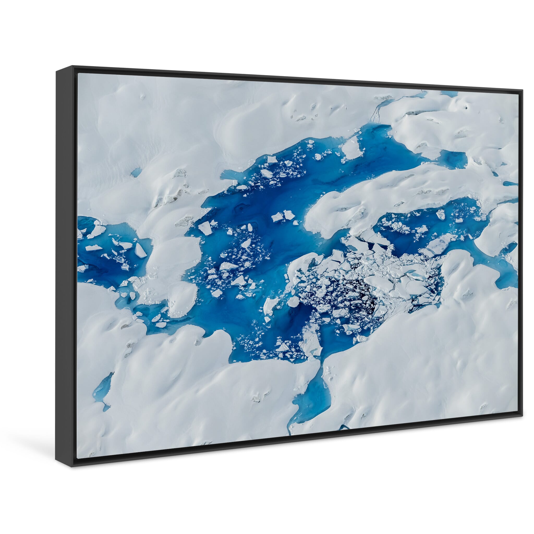 Framed photo print of intense blue meltwater pools in Alaska's icy landscape