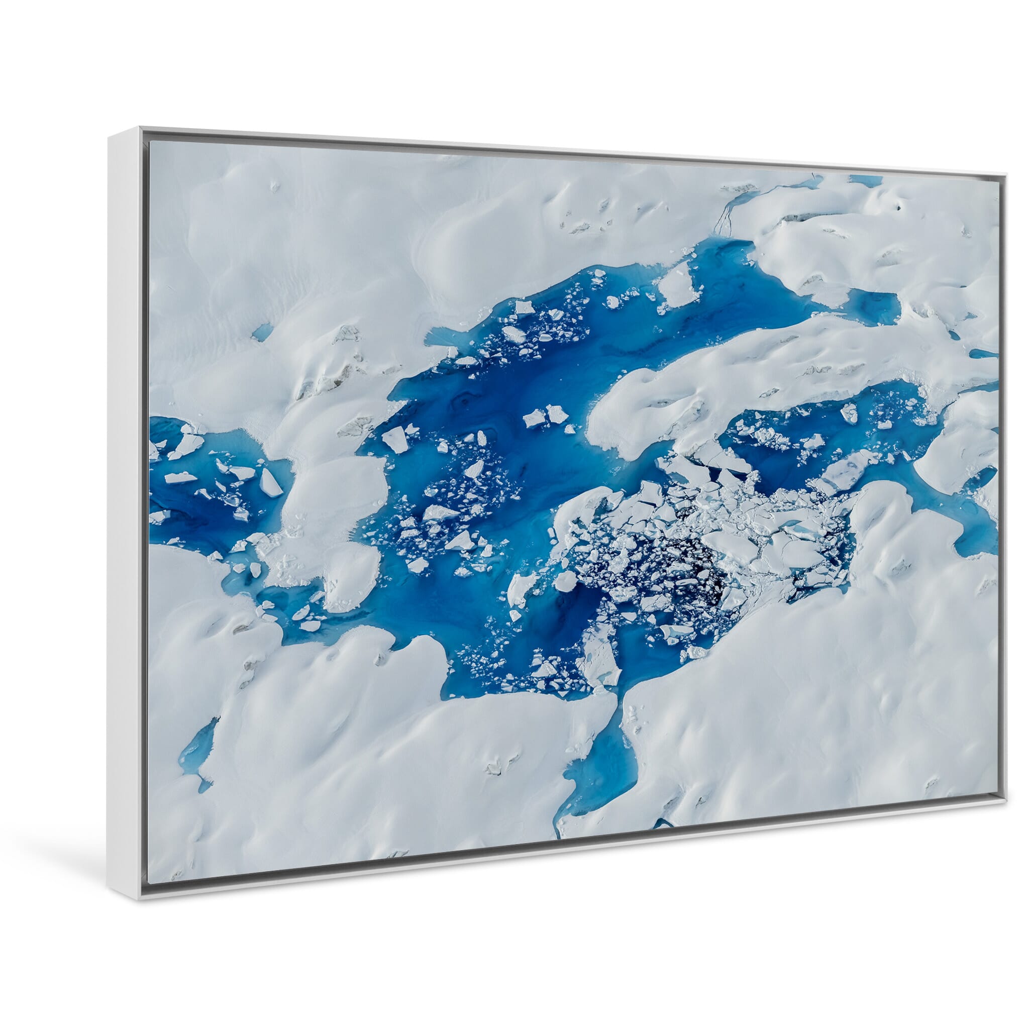 Framed photo print of aerial view of vibrant meltwater lakes on Columbia Glacier