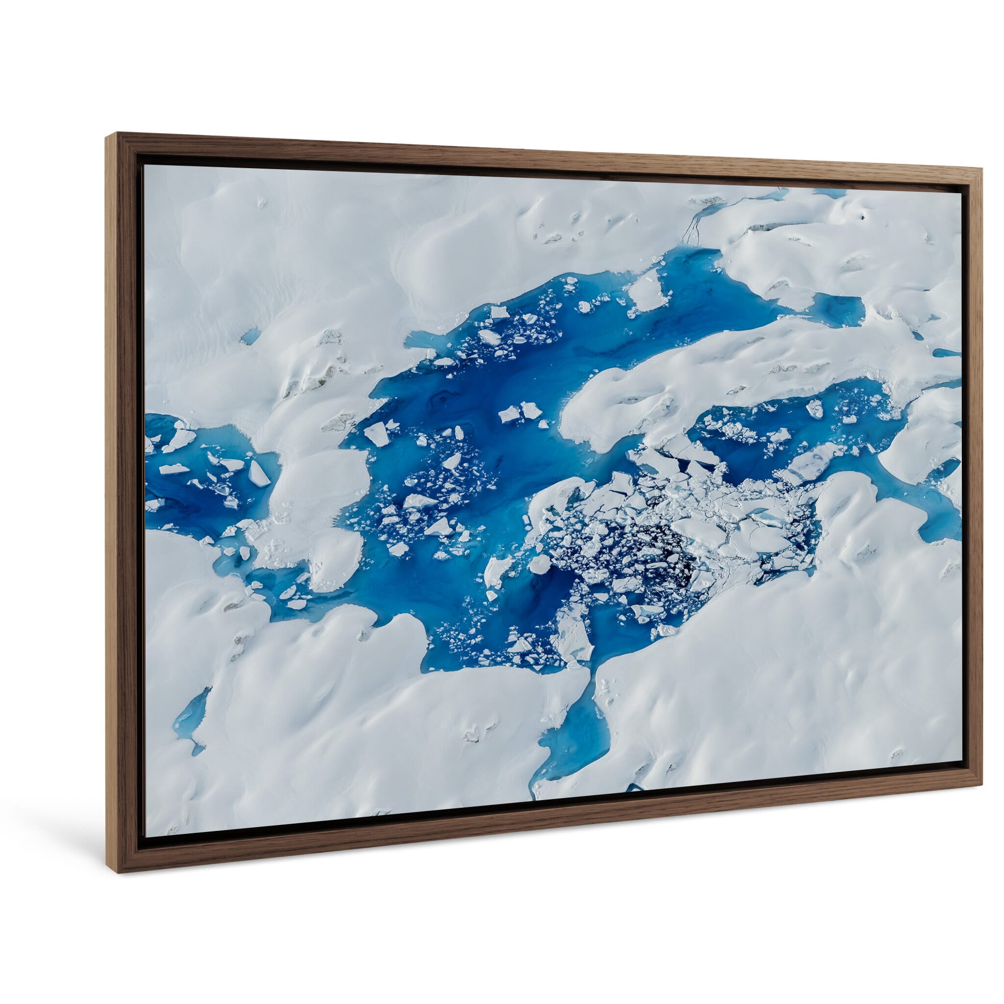 Framed photo print of dramatic aerial view of retreating Columbia Glacier lakes
