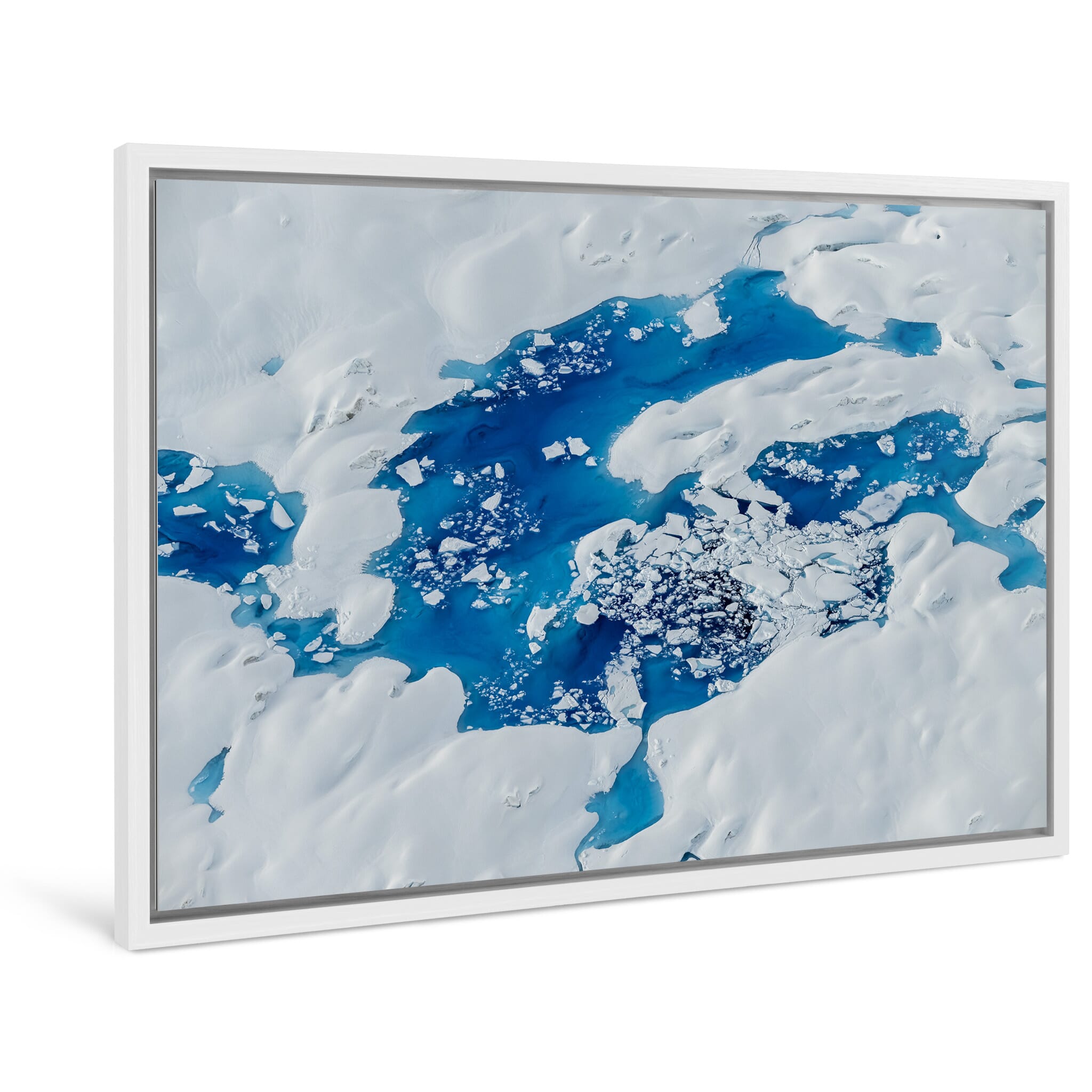 Framed photo print of glacial meltwater pools with striking blue hues