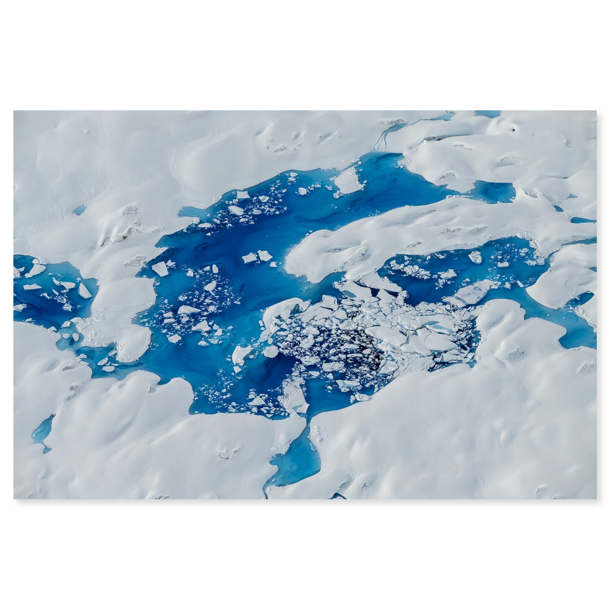 Fine art print of vivid blue meltwater lakes on Alaska's Columbia Glacier