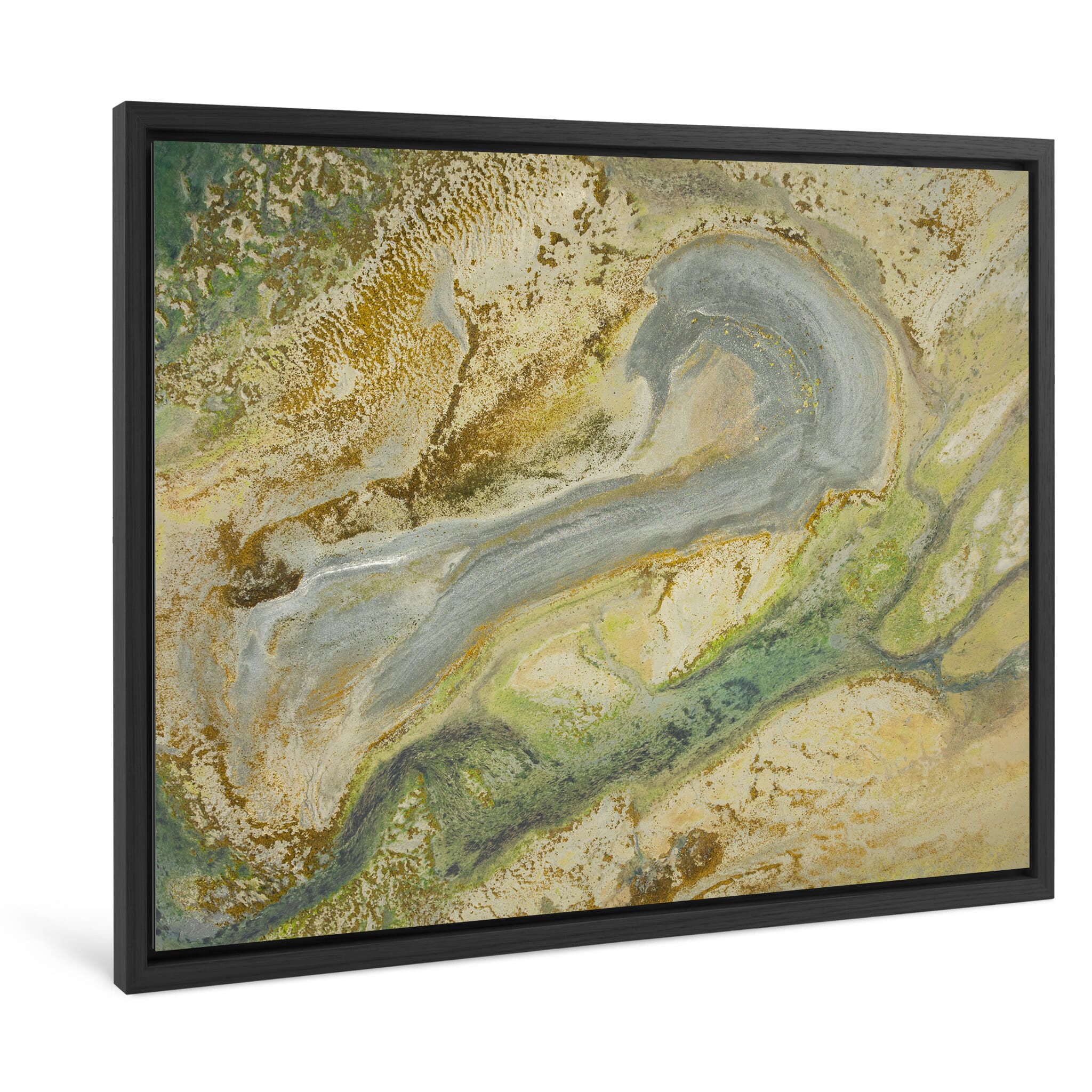 Framed photo print of tidal landscapes with meandering water lines and green moss