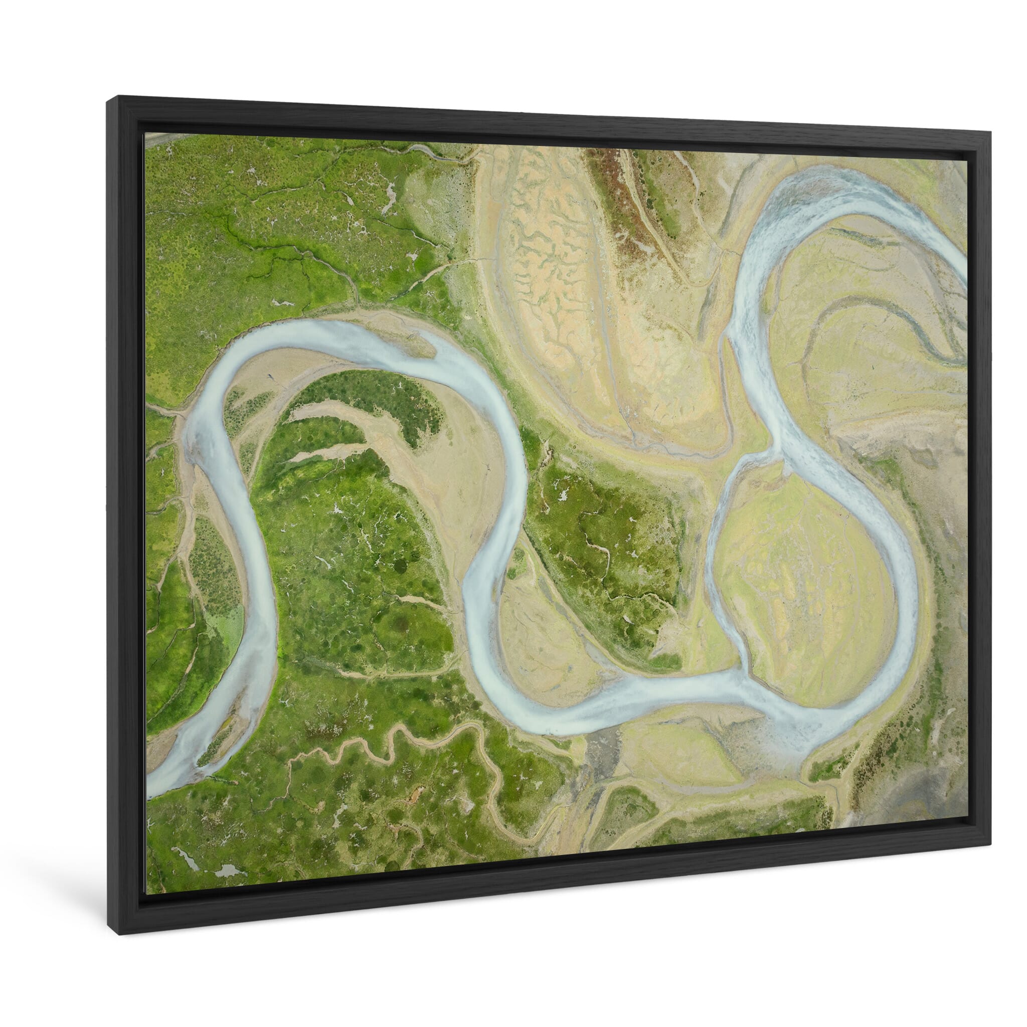 Framed photo print of meandering channels shaped by tidal movement