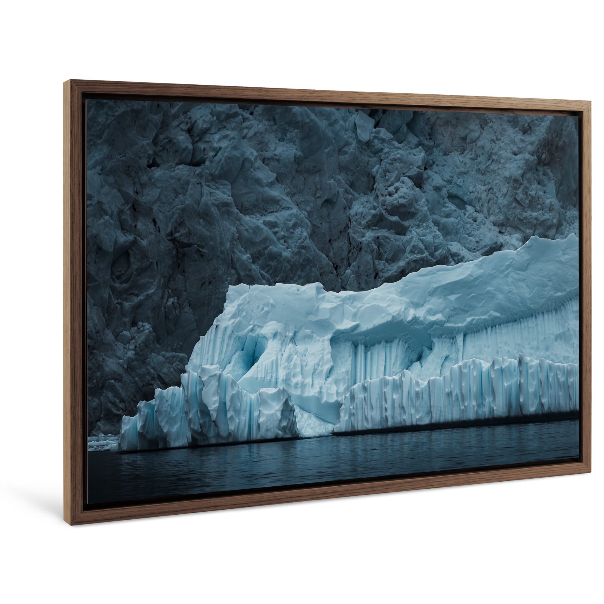 Framed photo print of contrasting ice textures in deep blues and bright whites