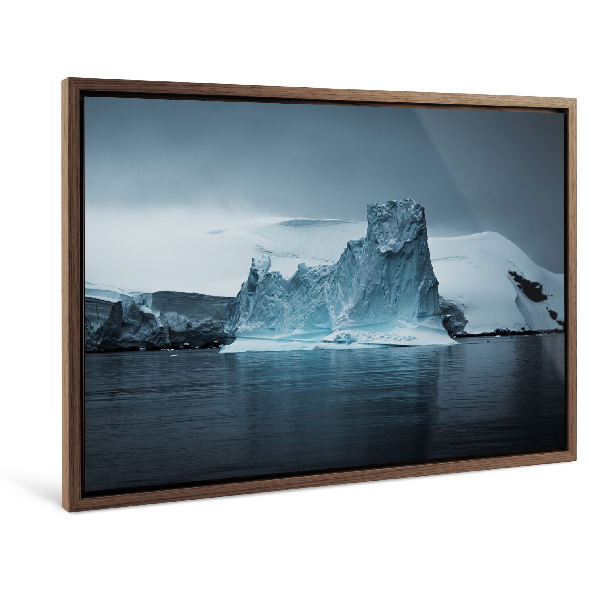 Framed photo print of ice formations ranging from bright white to deep blue