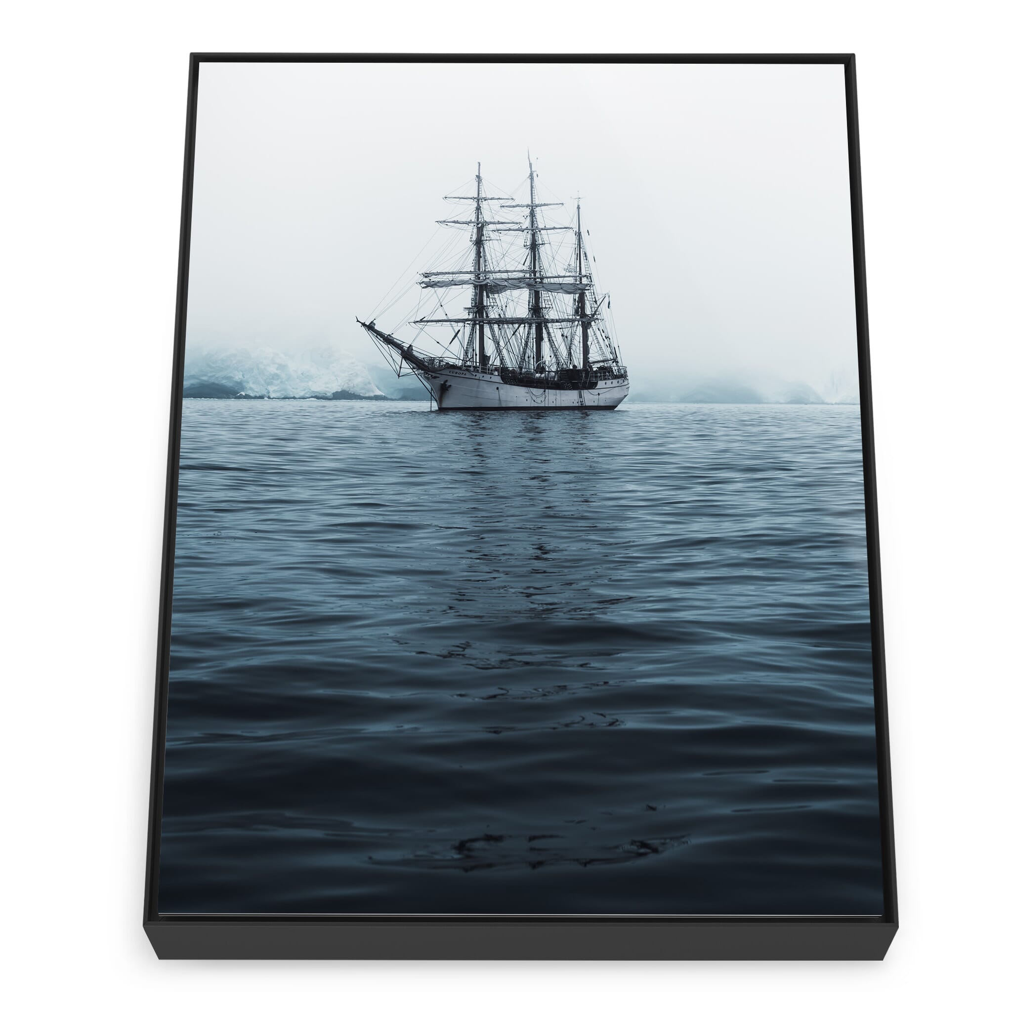 Framed photo print of expedition boat passing frozen formations