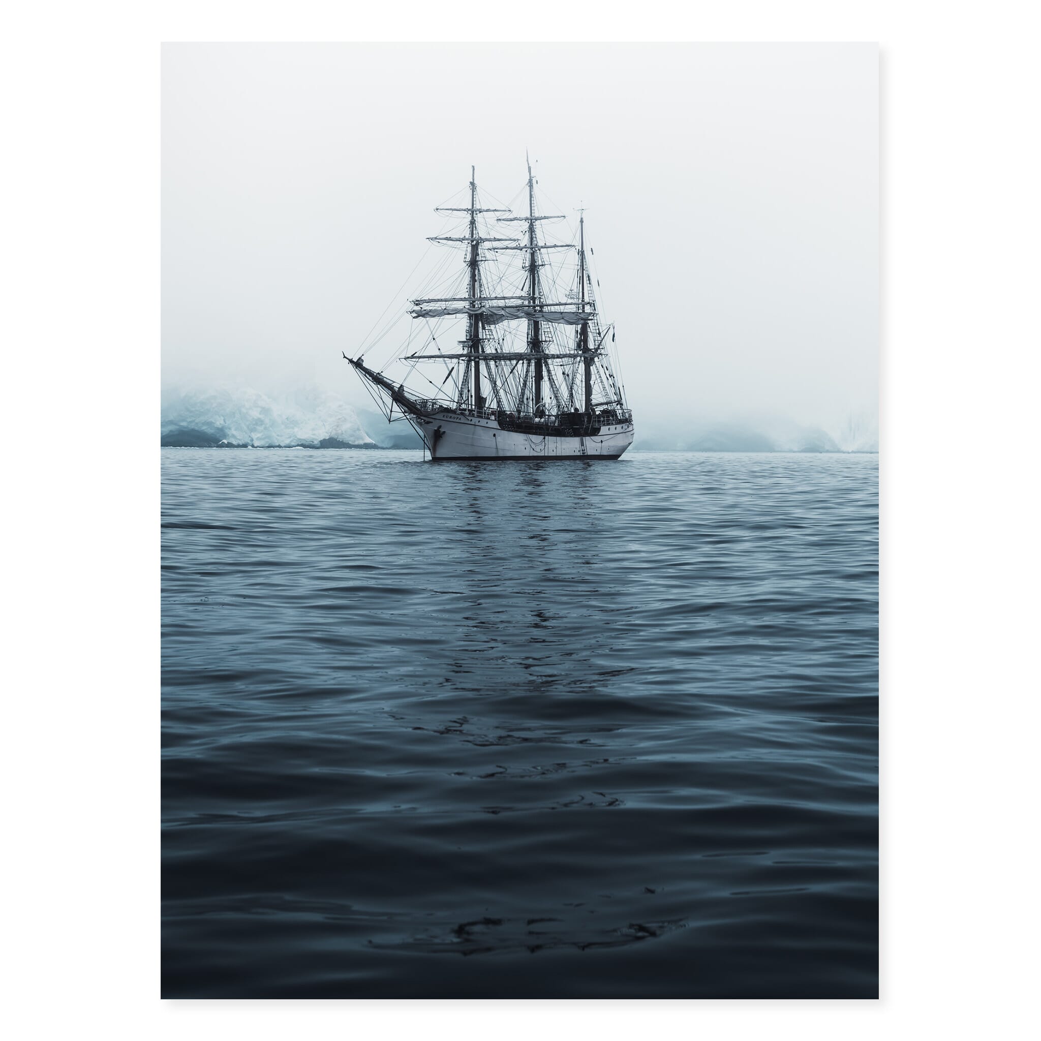 Fine art print of sailing ship Bark Europ moving through iceberg-filled waters