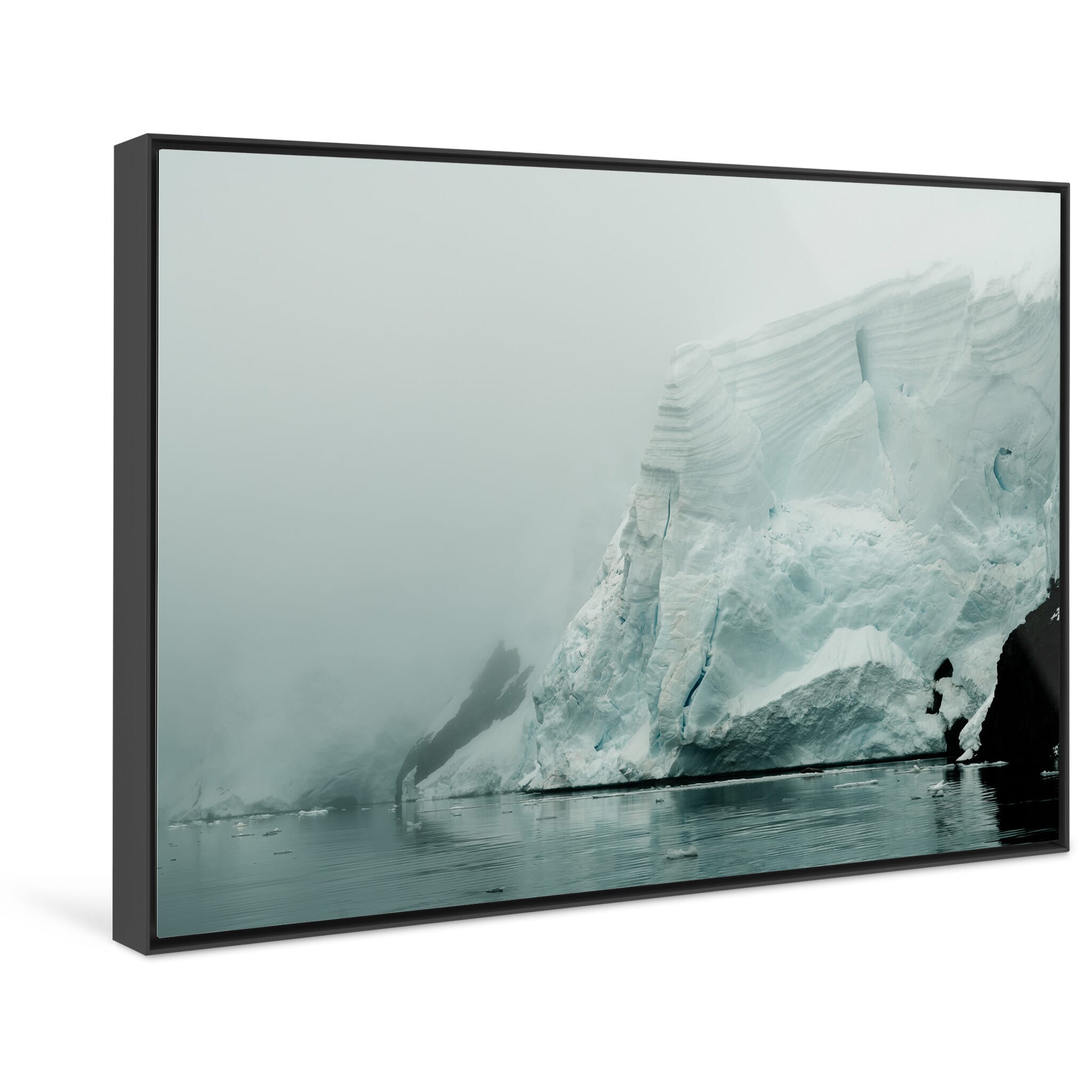 Framed photo print of surreal iceberg shapes in a foggy polar landscape