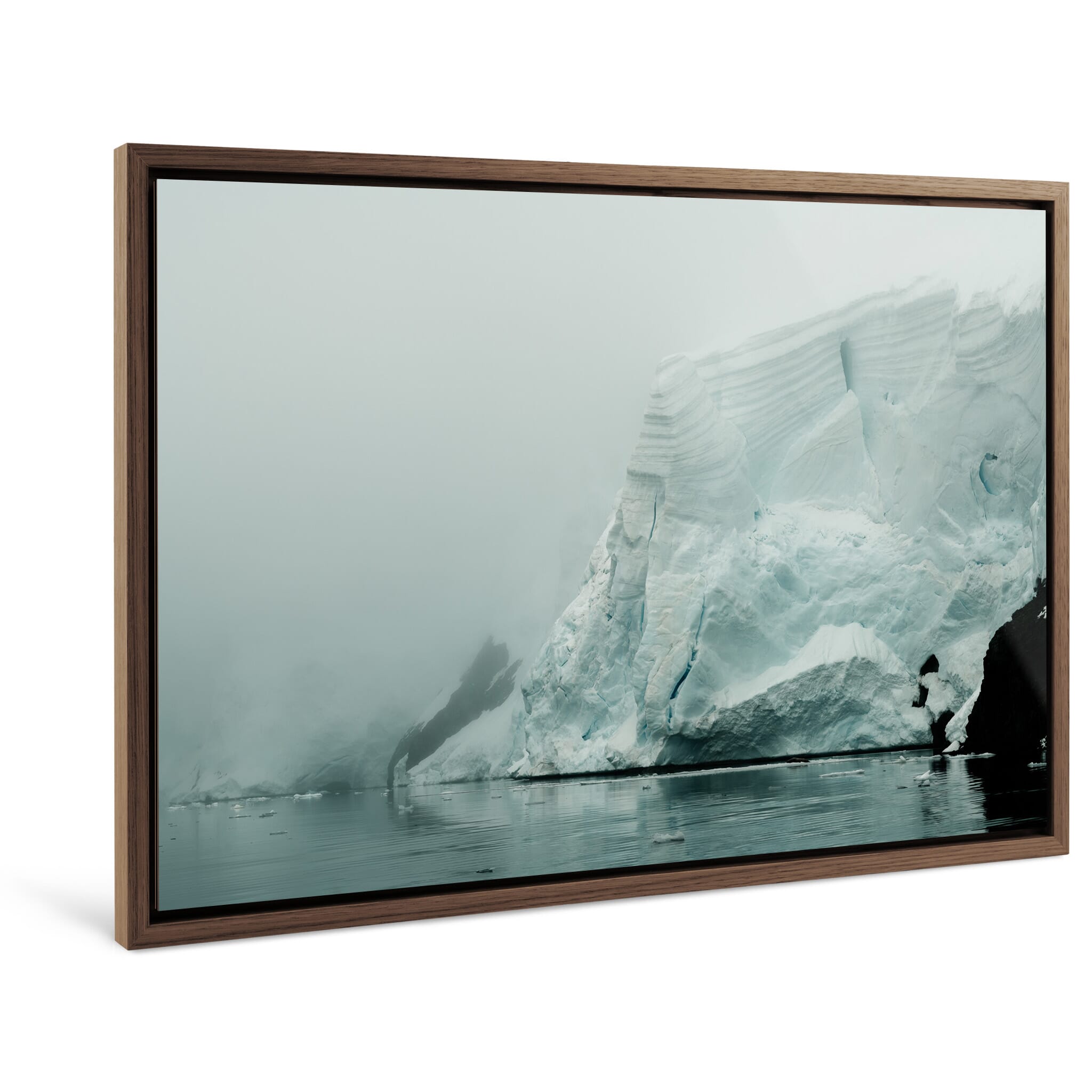 Framed photo print of calm Antarctic waters with floating ice and low visibility