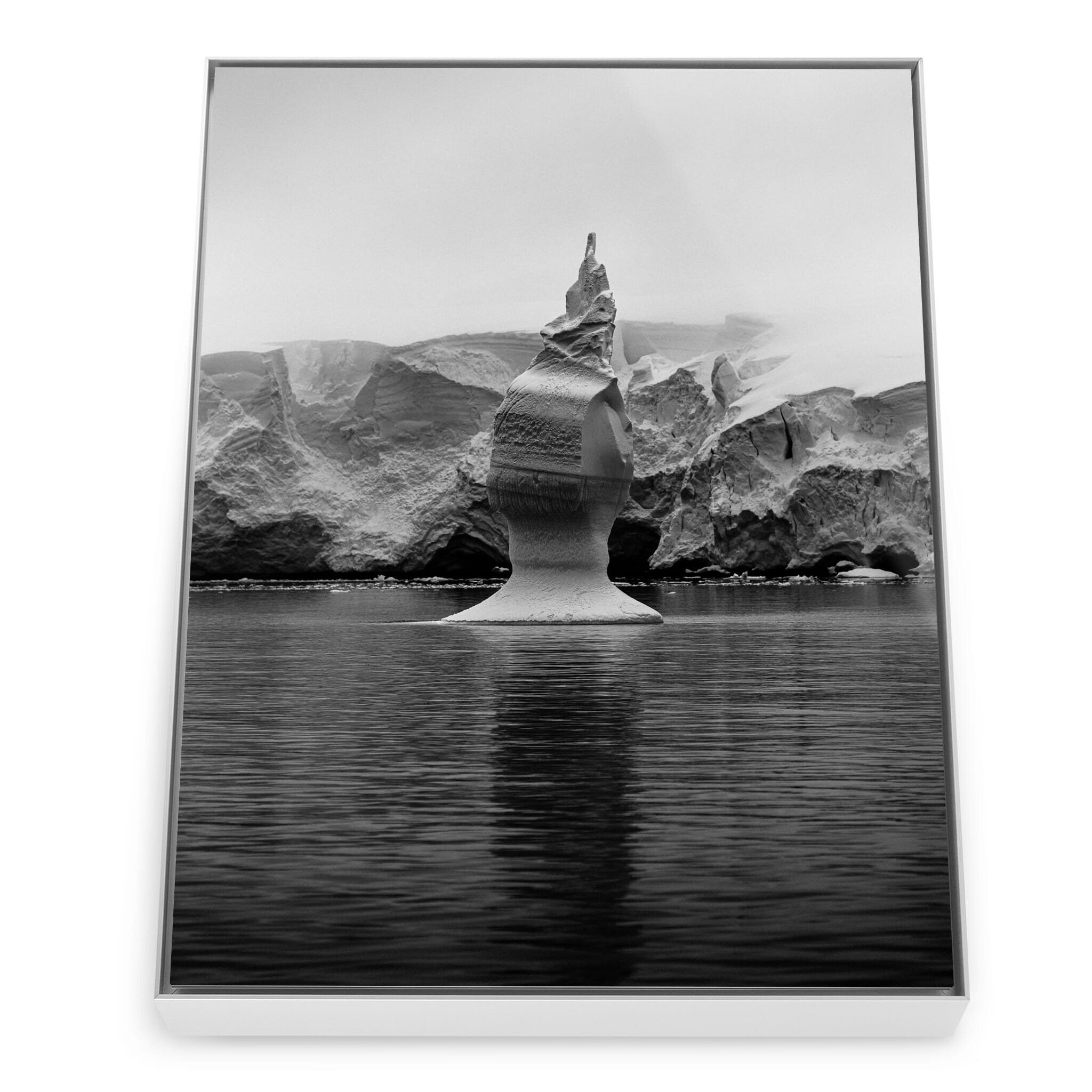 Framed photo print of icy structures in soft black and white tones