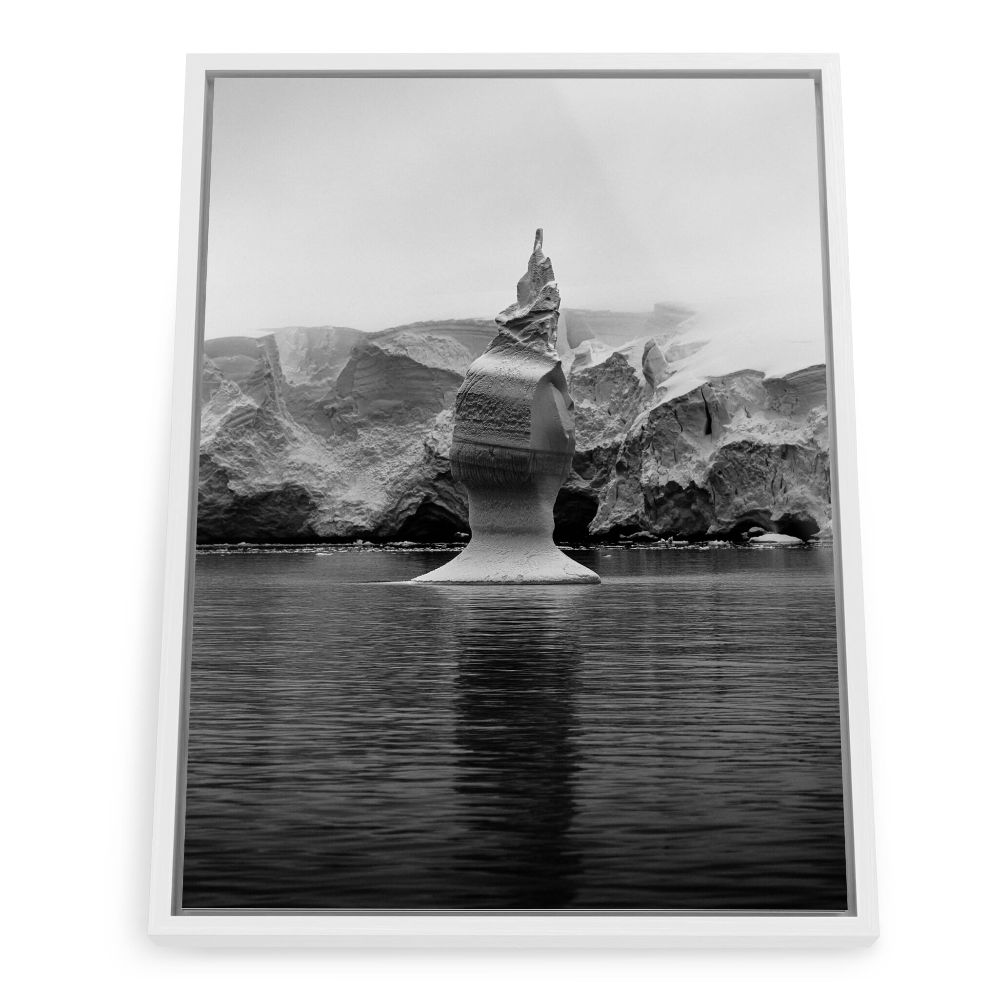 Framed photo print of sculptural ice formations in monochrome