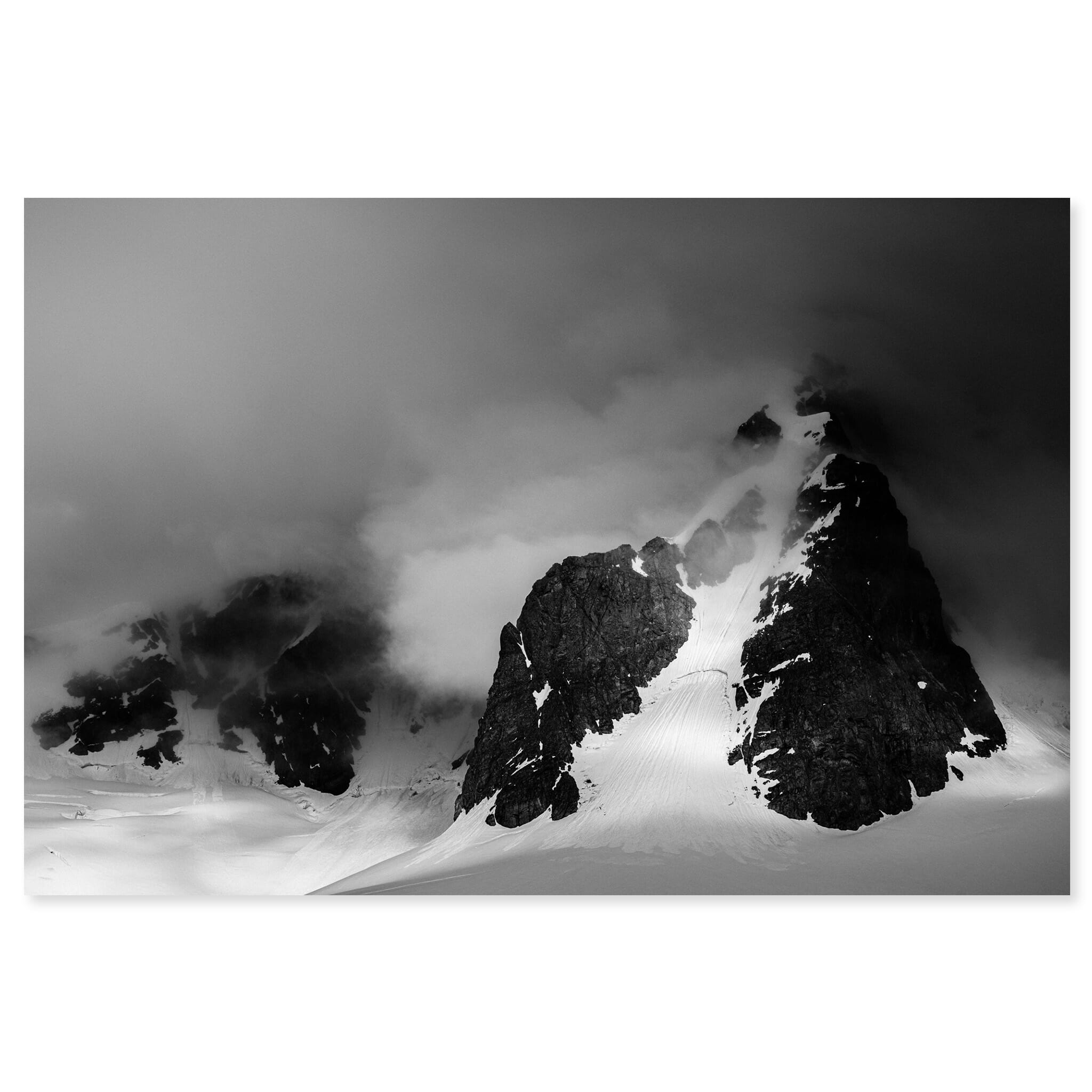 Fine art print of jagged Antarctic mountains in black and white