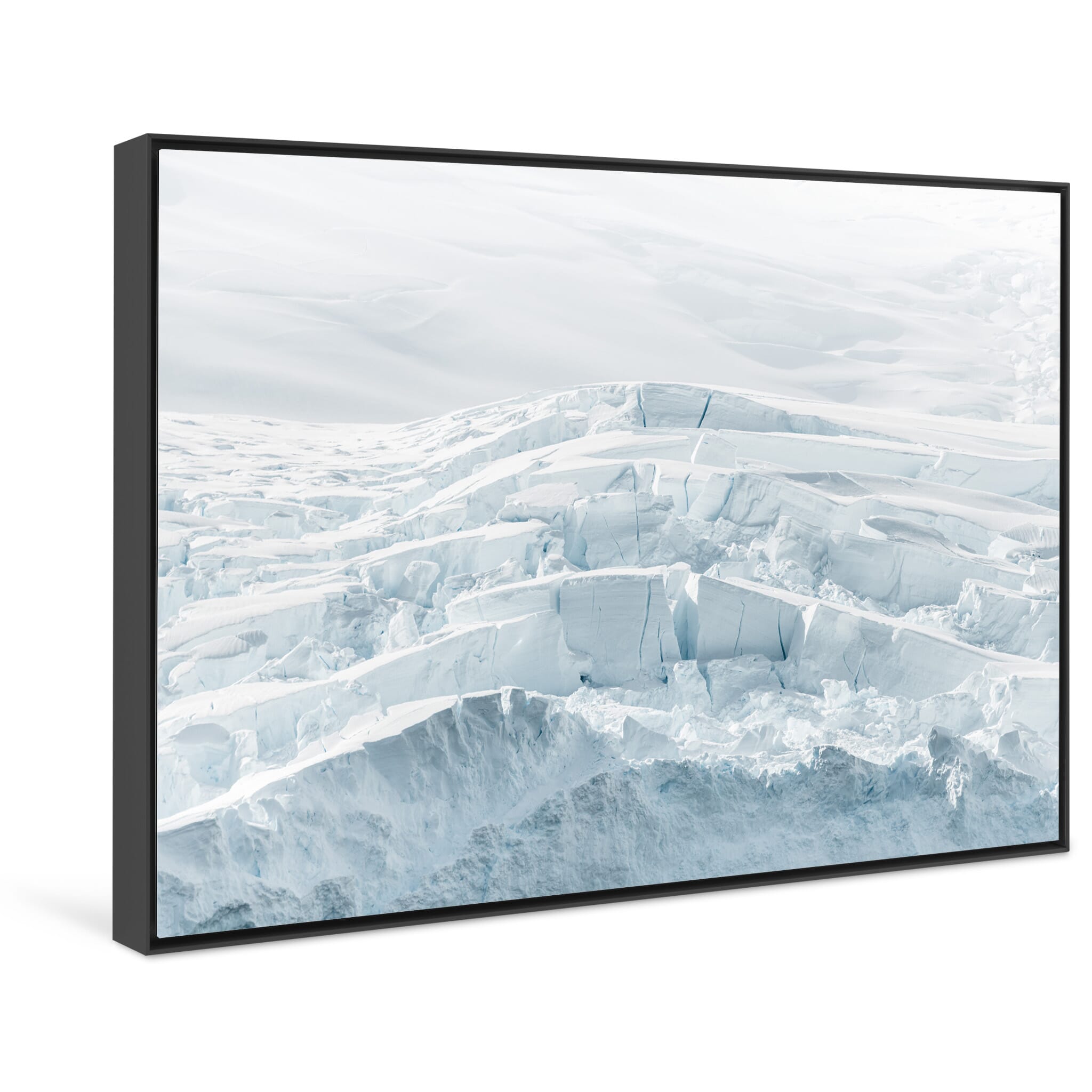 Framed photo print of serene Antarctic glacier with glowing ice formations