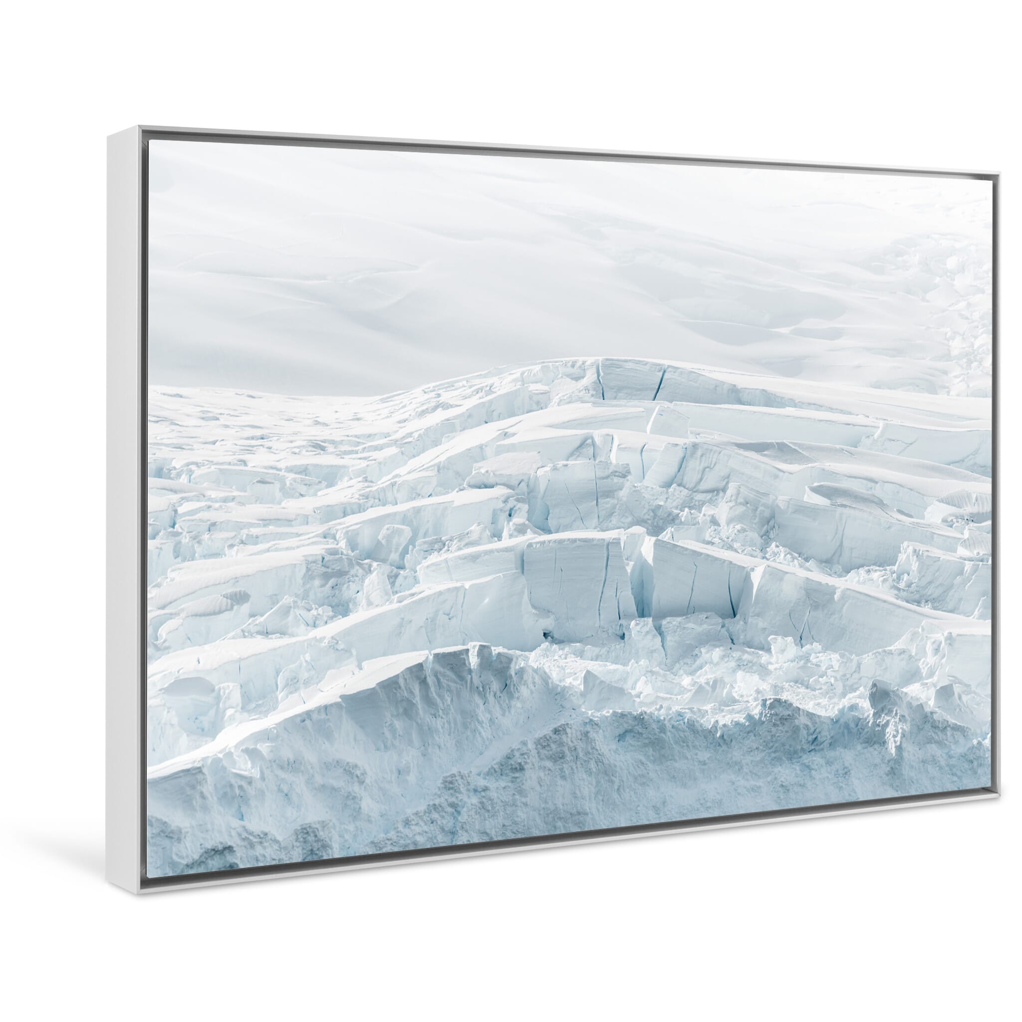 Framed photo print of abstract glacier textures highlighted by bright sunlight