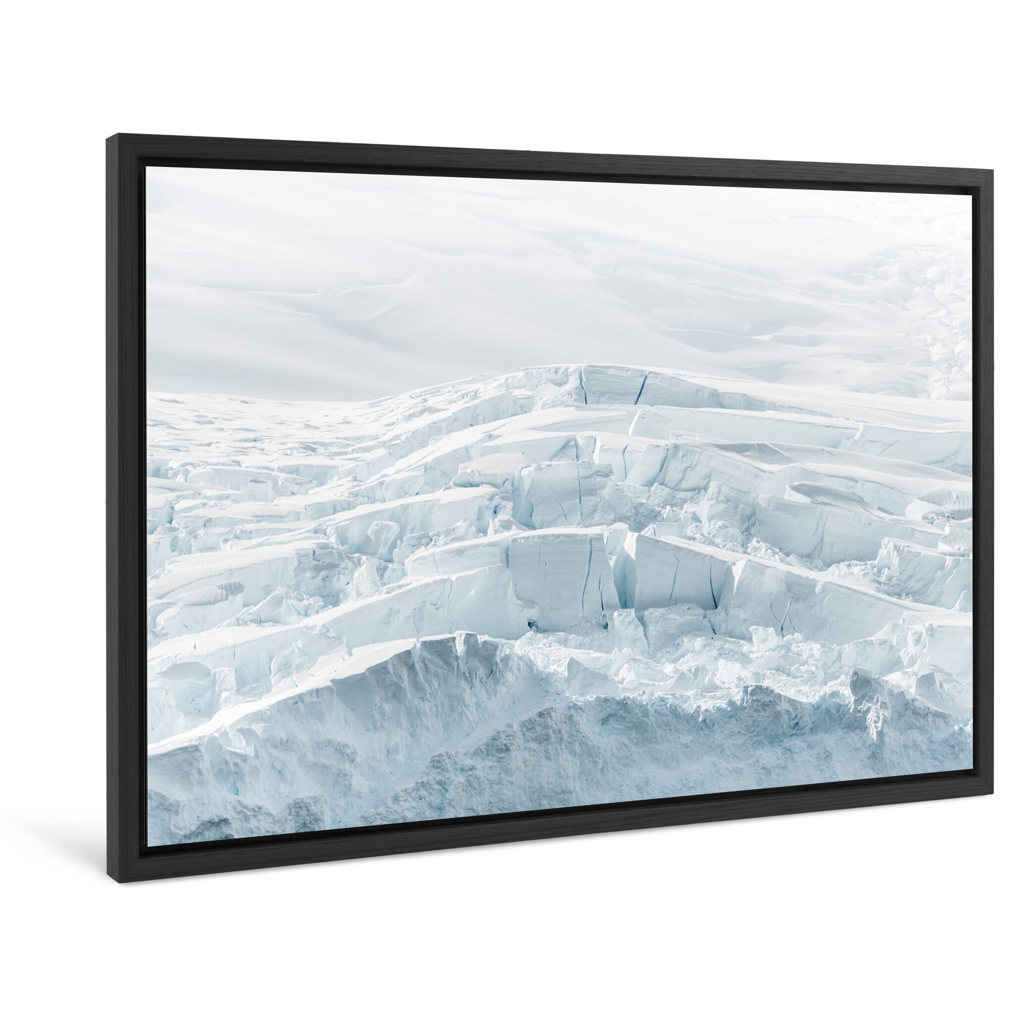 Framed photo print of sunlit glacier landscape with soft tones and intricate textures