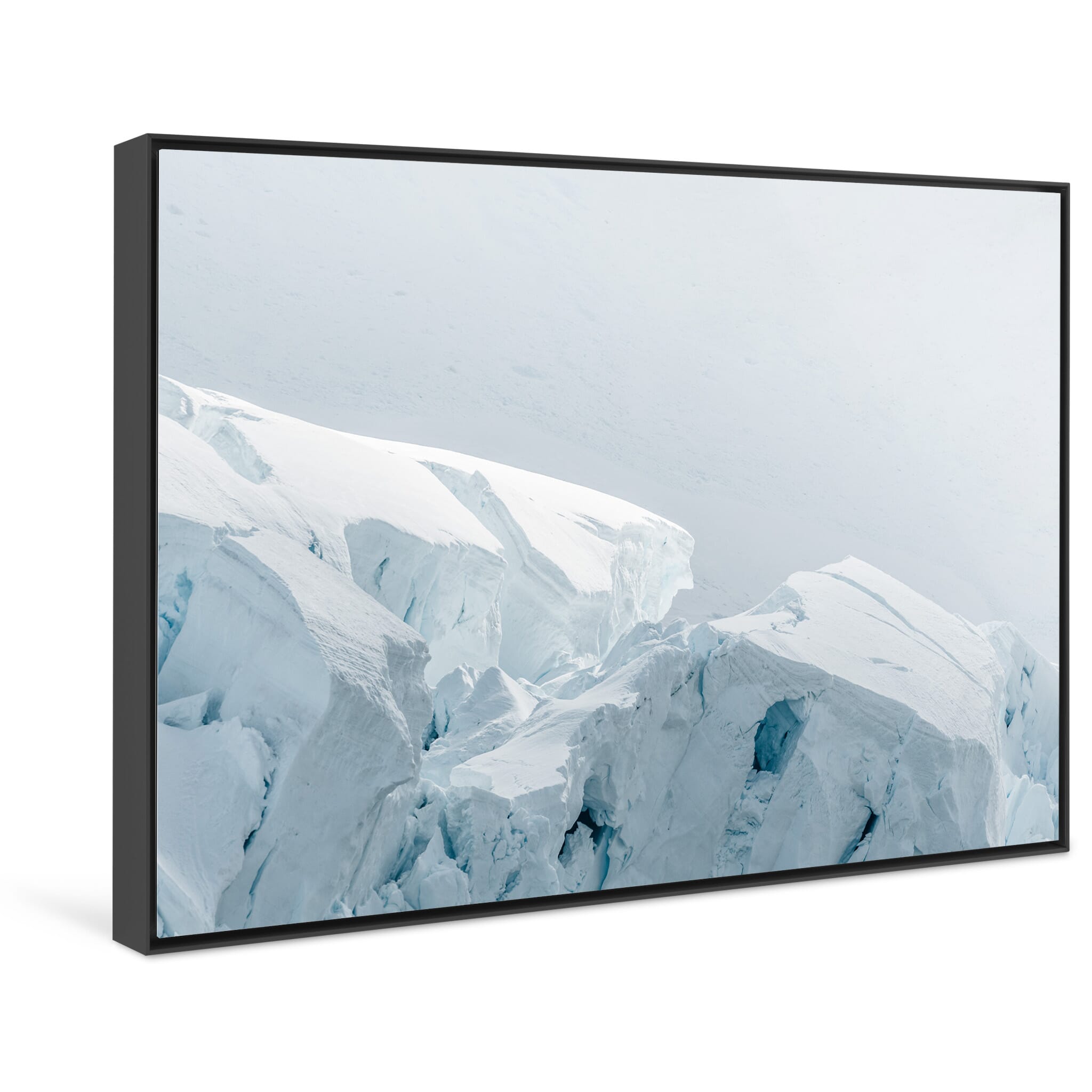 Framed photo print of near-monochrome glacier structure shaped by sunlight
