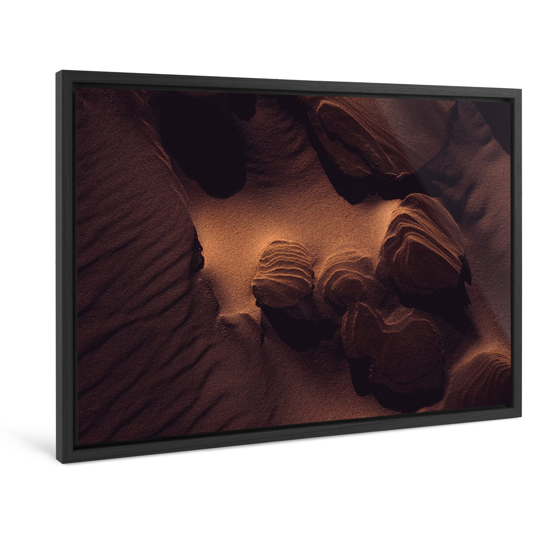 Framed photo print of layered sand formations shaped by wind and light