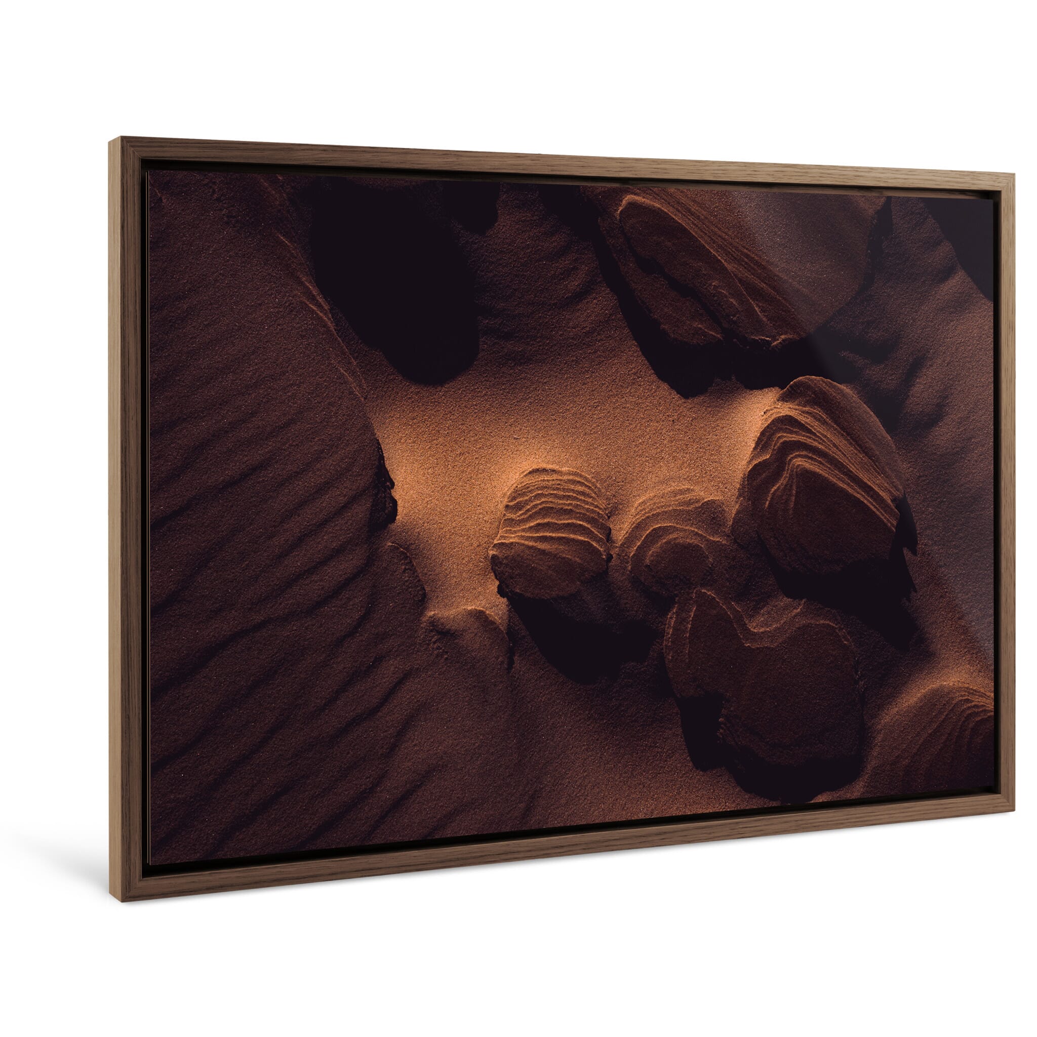 Framed photo print of beach formations under warm light