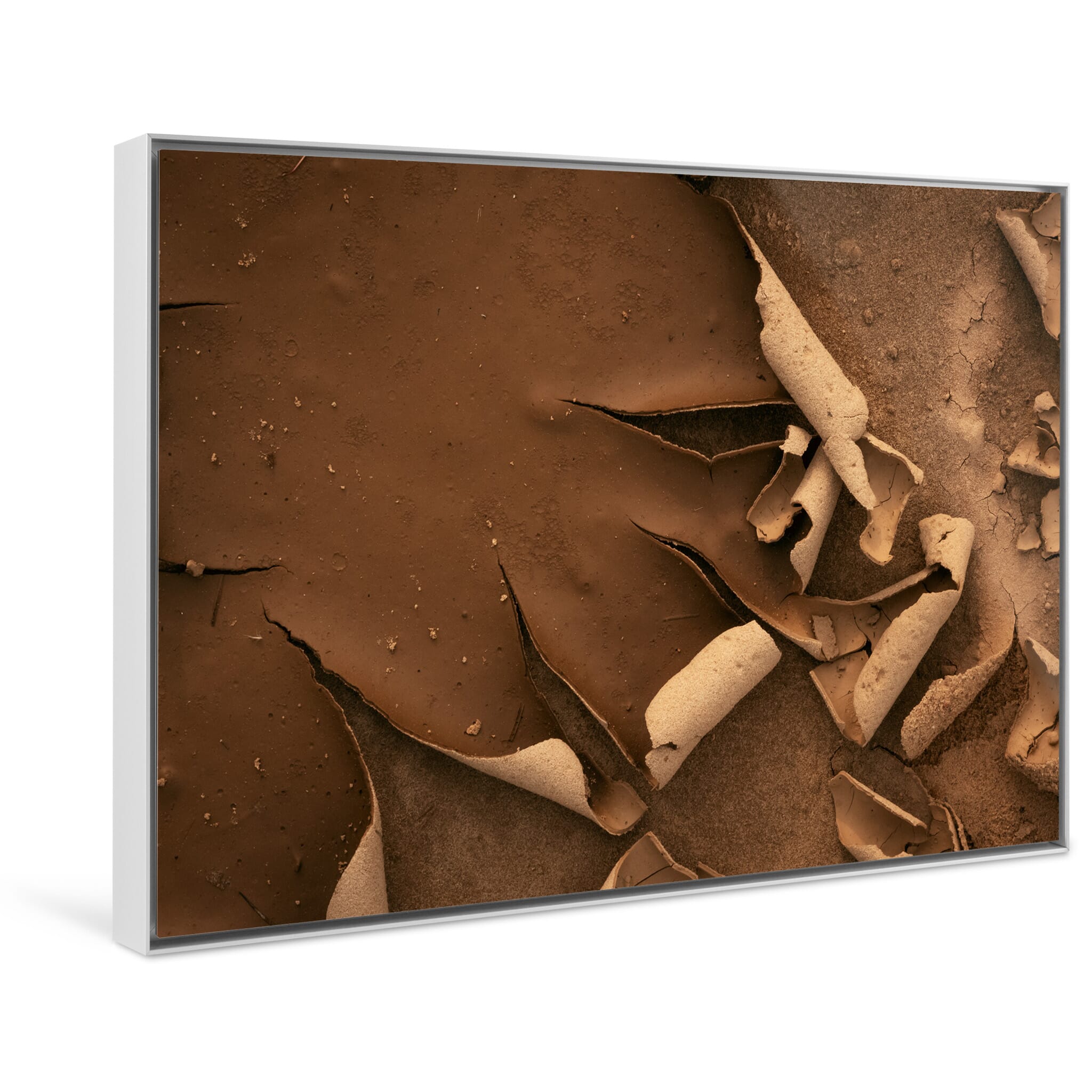Framed photo print of close-up mud surface evoking vintage wallpaper