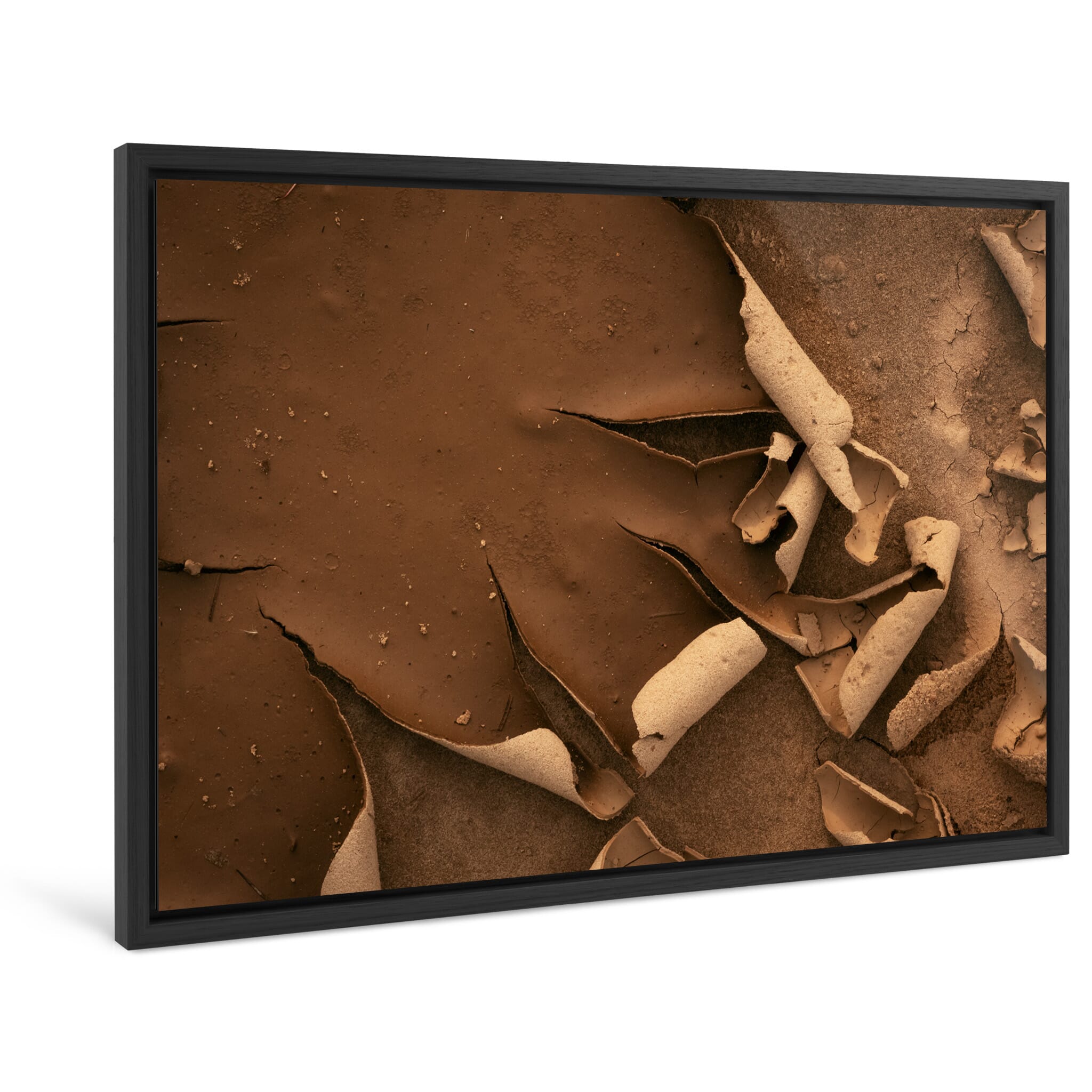 Framed photo print of curled mud patterns with layered natural surface