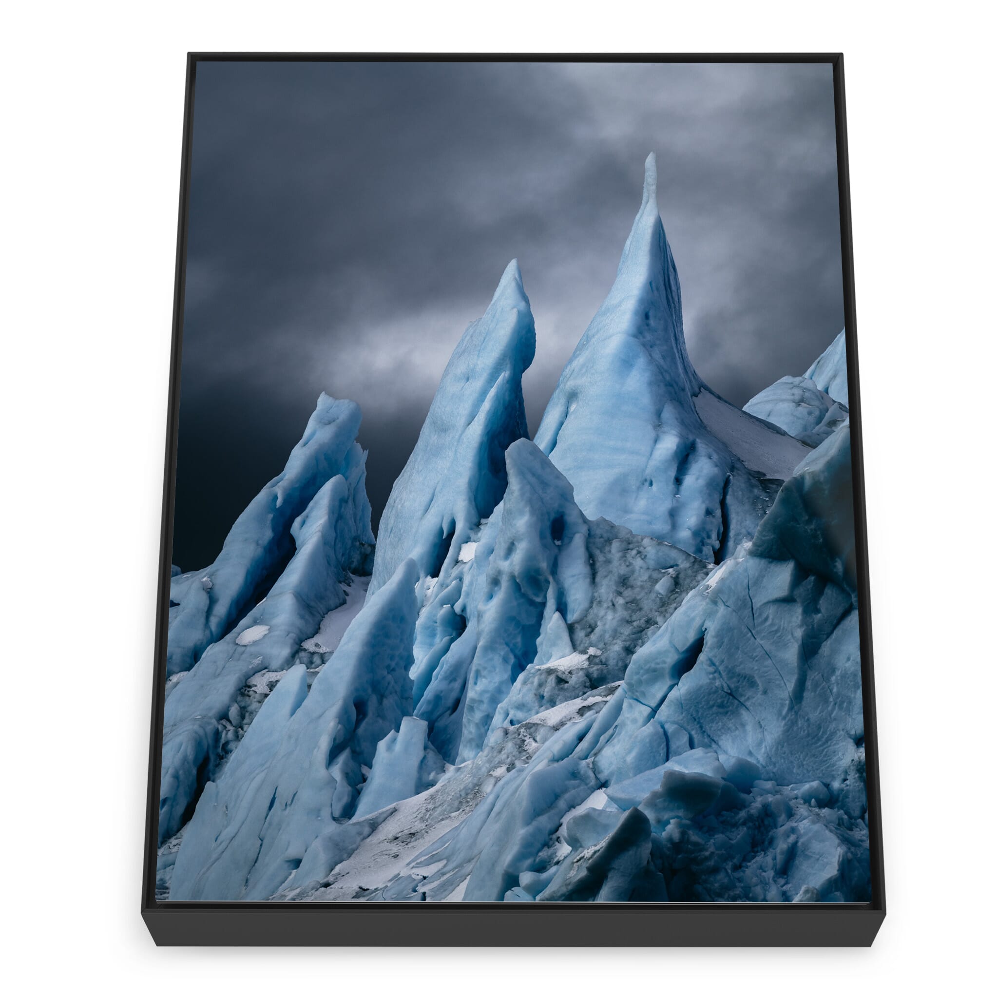 Framed photo print of angular ice formations in subdued light