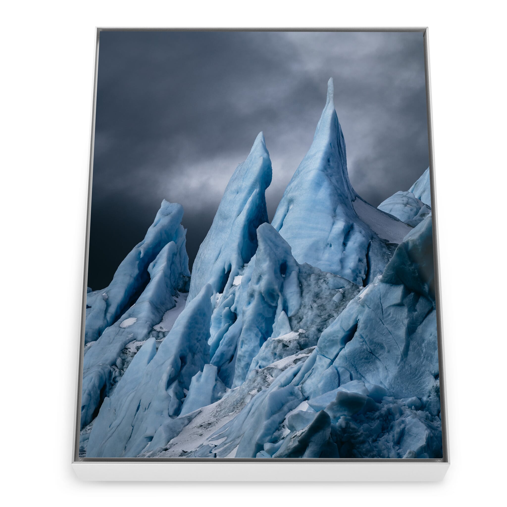 Framed photo print of blue and white iceberg details