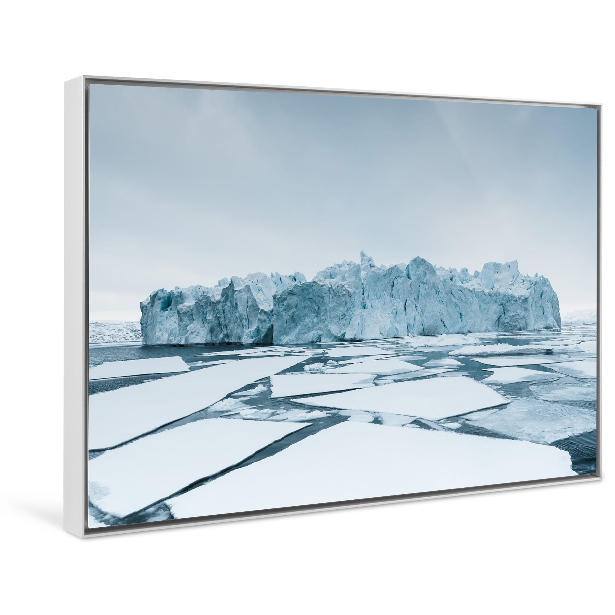 Framed photo print of arctic winter landscape with layers of blue ice
