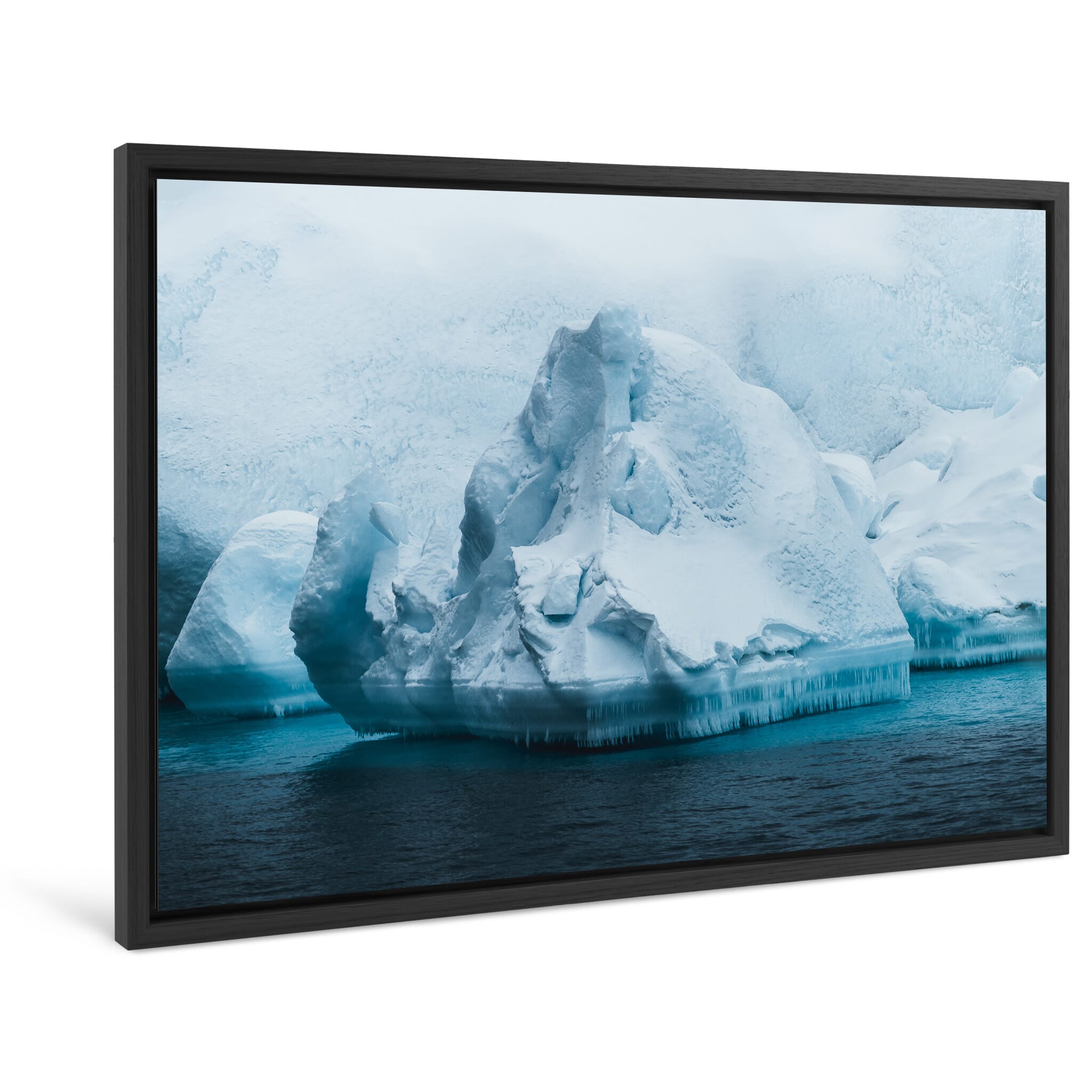 Framed photo print of frozen iceberg landscape with cold blue tones