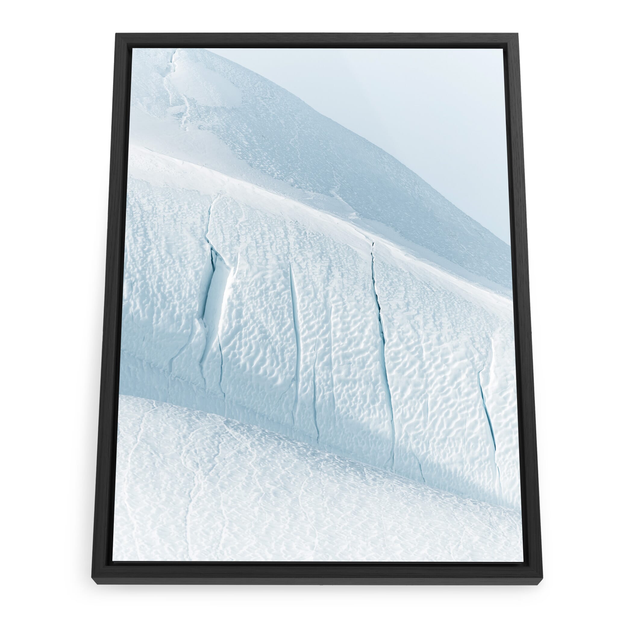 Framed photo print of pale glacier textures under bright sunlight