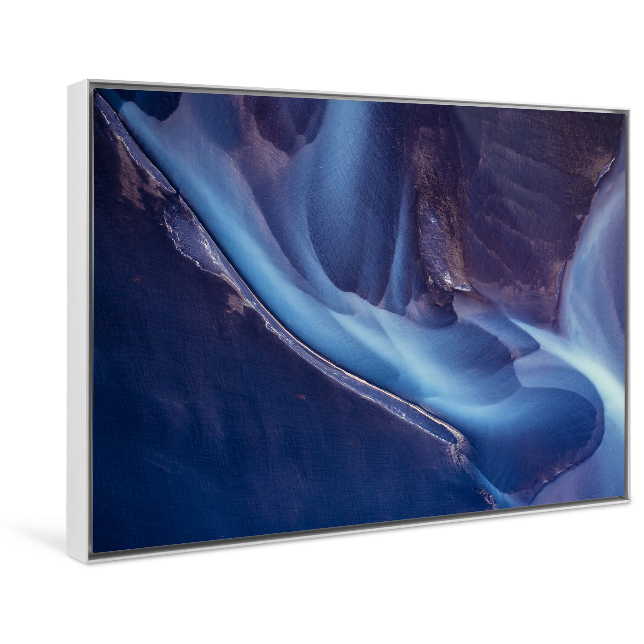 Framed photo print of dynamic glacial river textures featuring a touch of violet