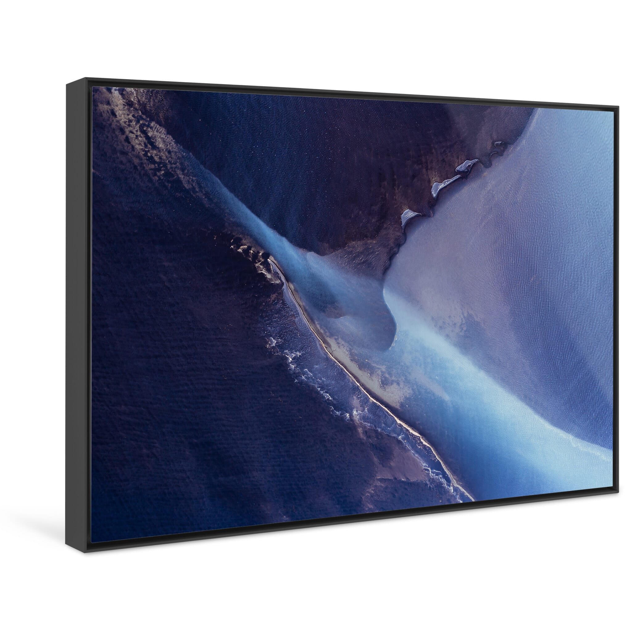 Framed photo print of mesmerizing river textures blending violet and turquoise