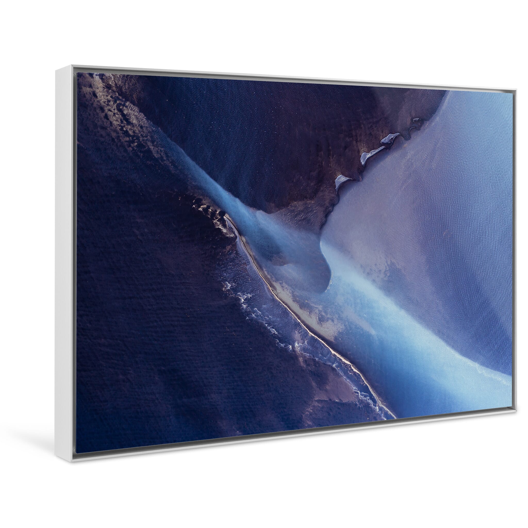 Framed photo print capturing the interplay of water sediment and glacial flow