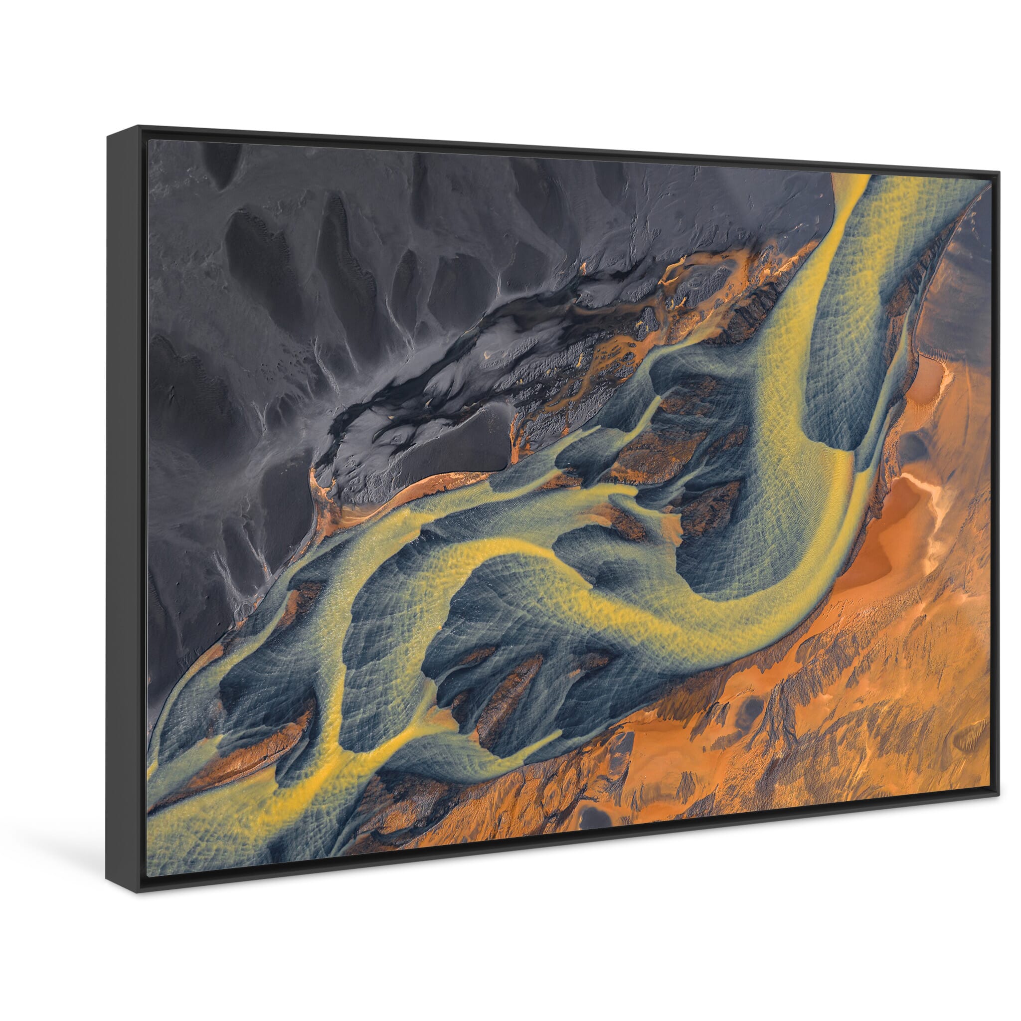 Framed photo print of watercolor-like patterns in an Icelandic river