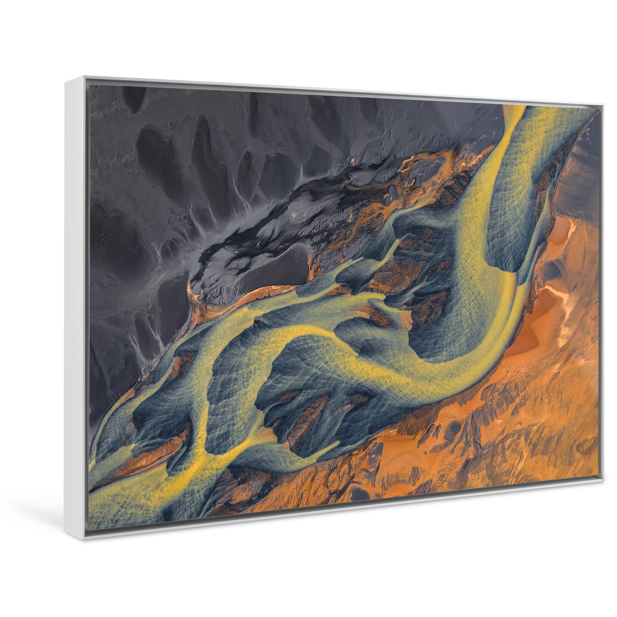 Framed photo print of dynamic river channels revealing amber hues in Iceland