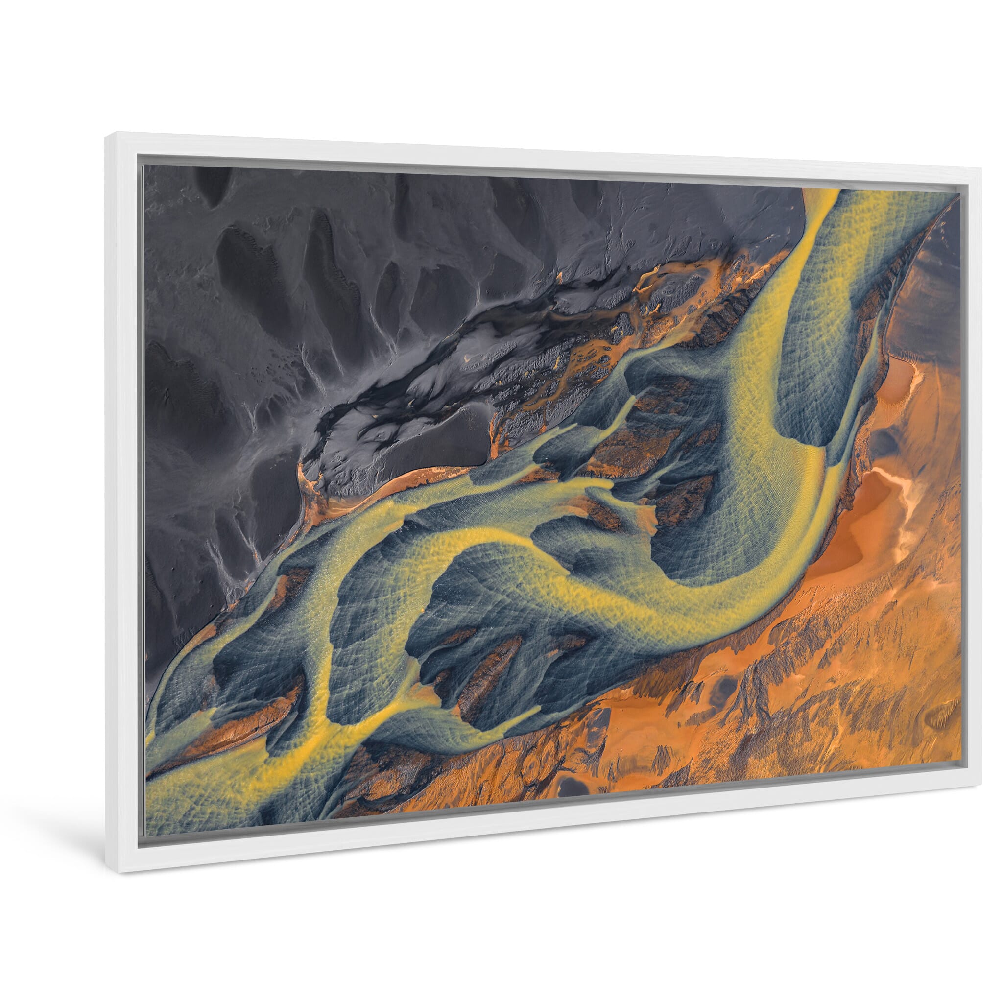 Framed photo print of glacial sediment creating unusual color patterns in the river