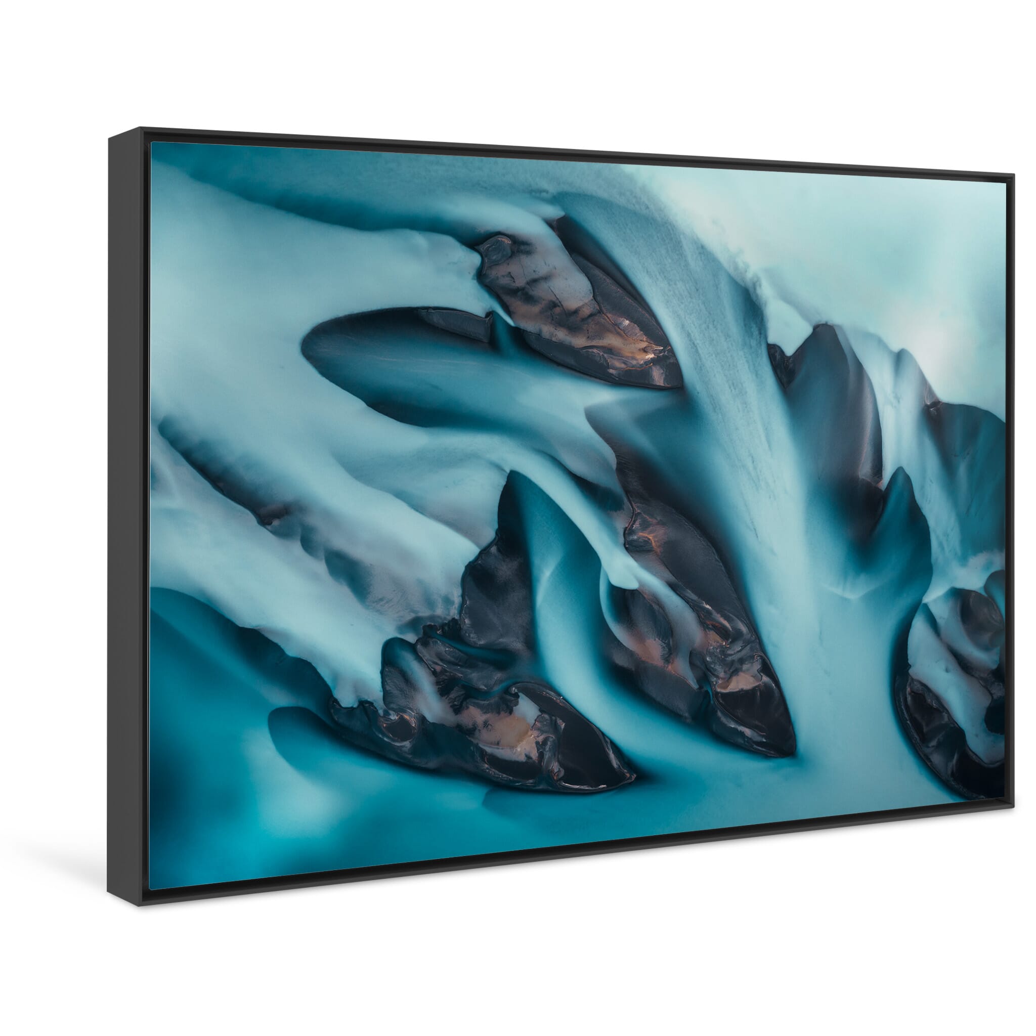 Framed photo print of bold blue contrasts in Iceland’s glacial waterways