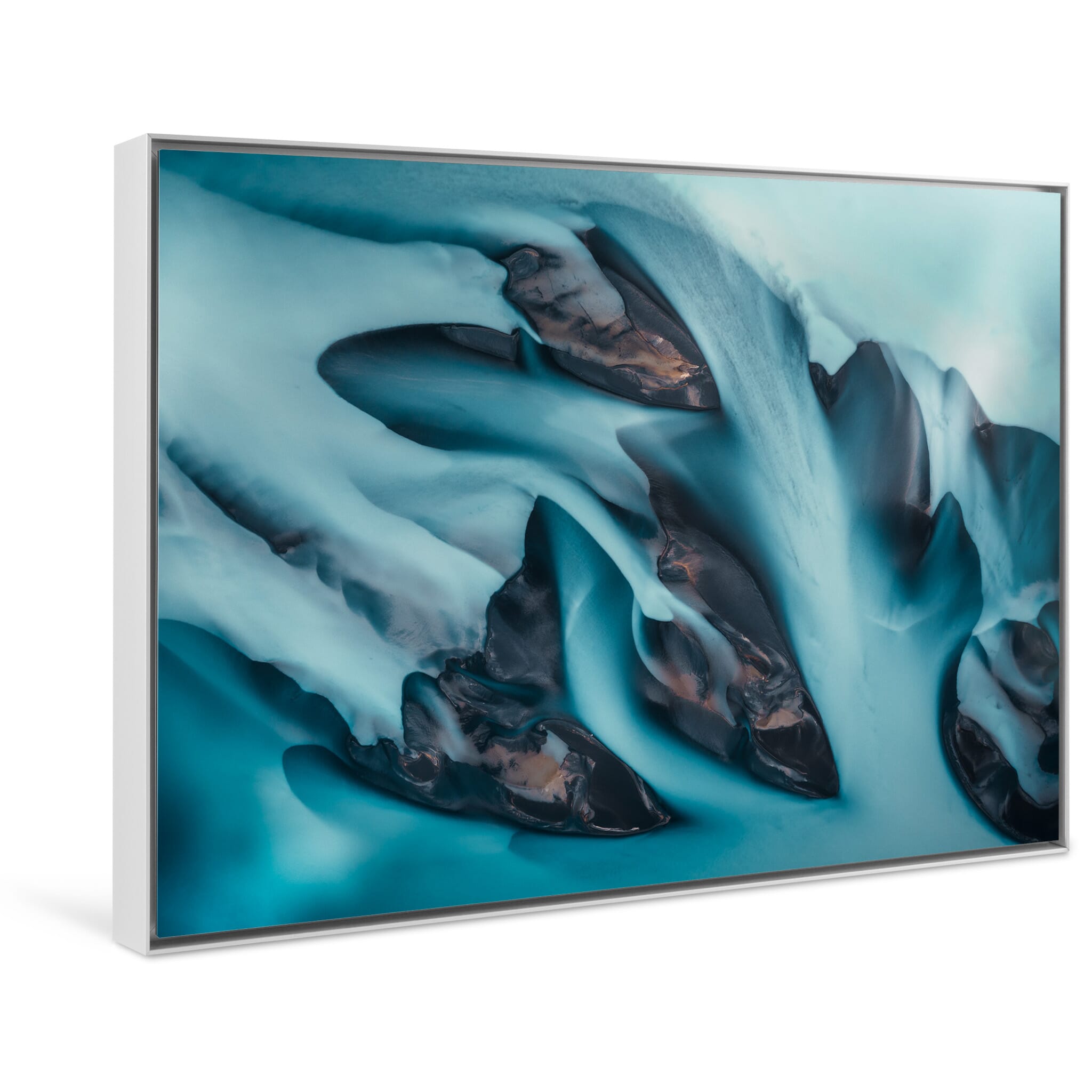 Framed photo print of a dynamic river landscape blending turquoise and deep blues