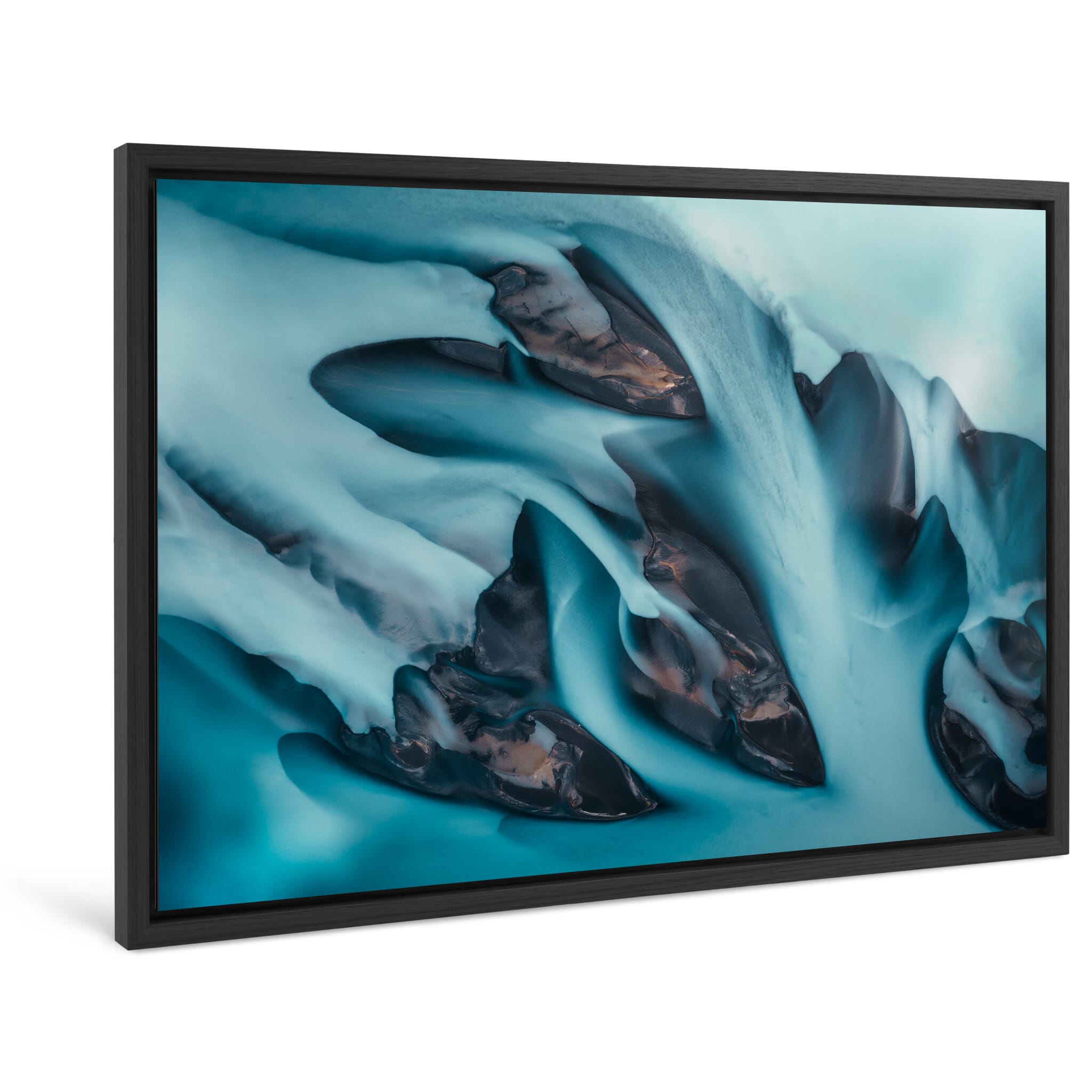 Framed photo print of the Ölfusá glacial river revealing shifting blue patterns