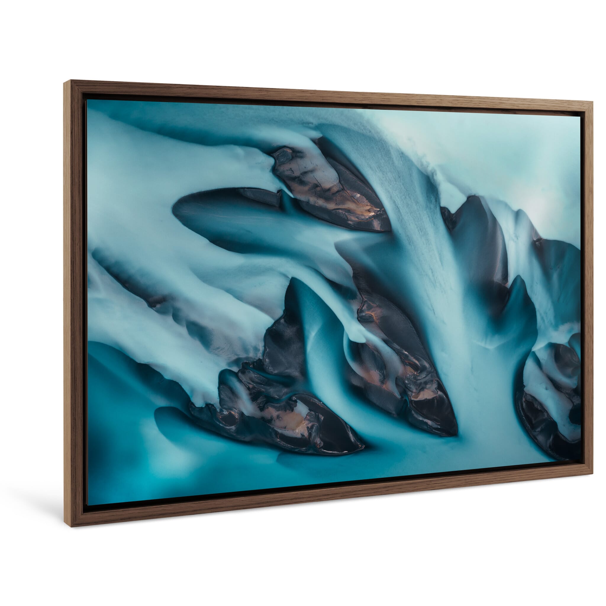 Framed photo print of swirling glacial river currents captured from above