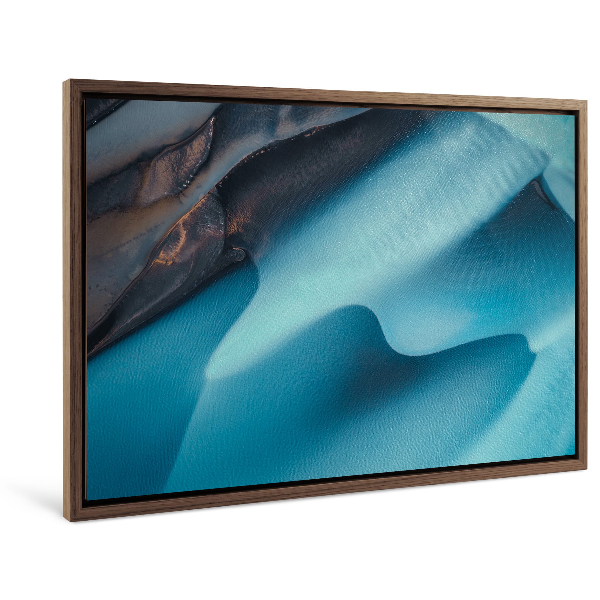 Framed photo print of aerial perspective capturing the dynamic flow of a glacial river