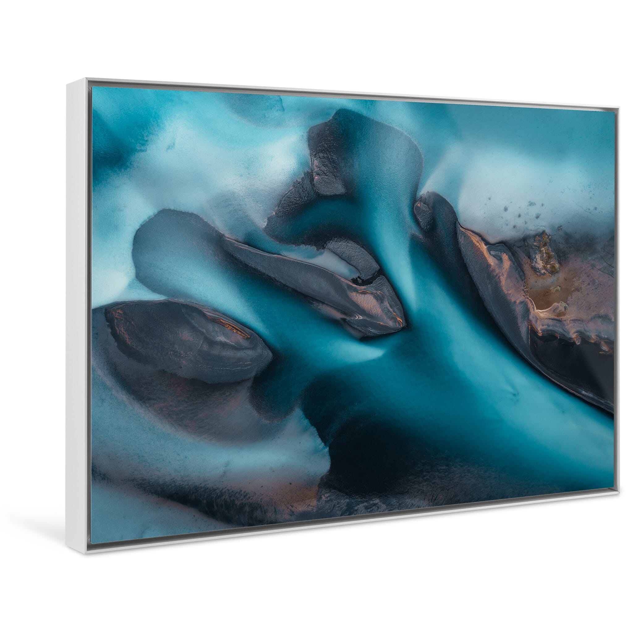 Framed photo print of Iceland’s glacial river merging deep blues and bright turquoise
