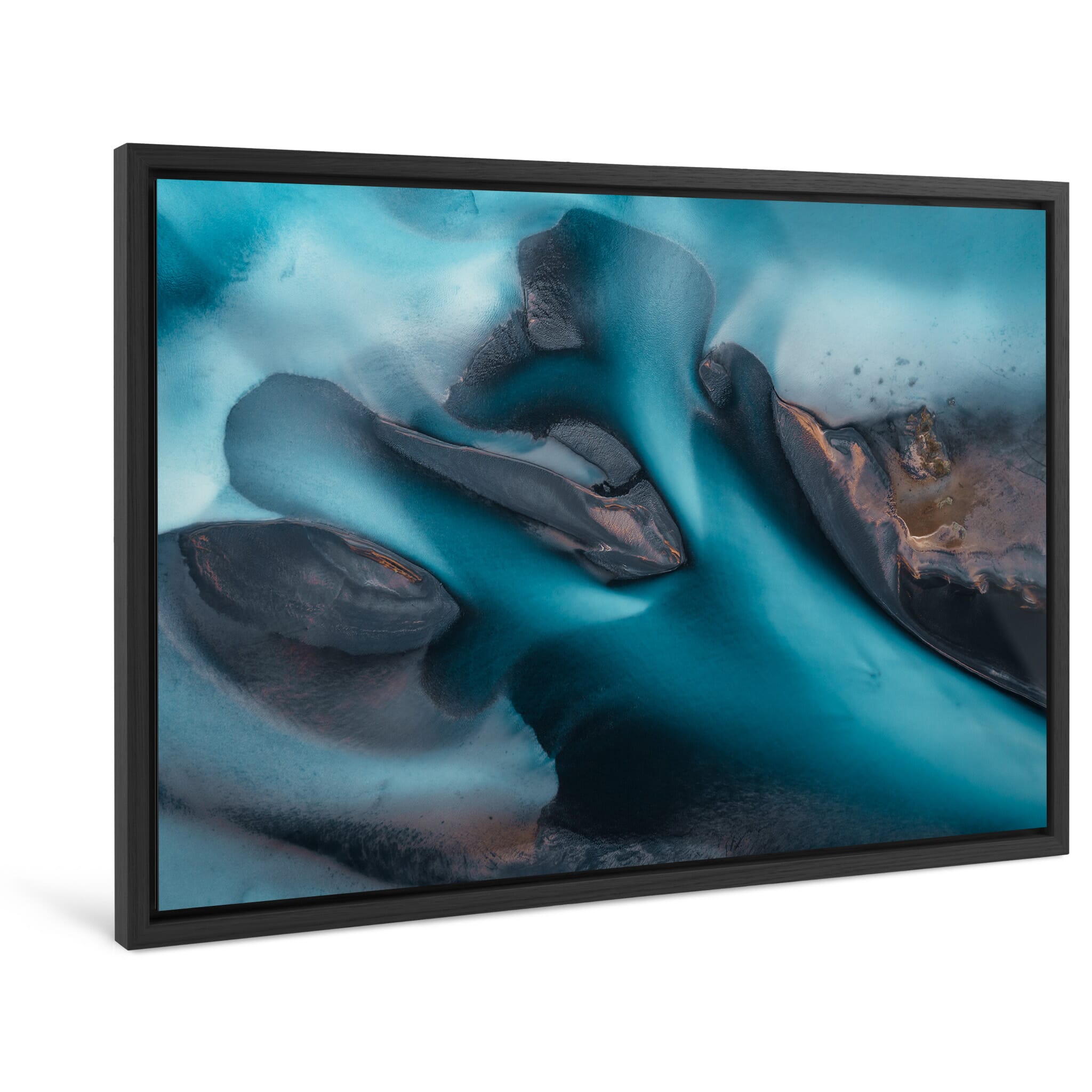 Framed photo print of swirling blue channels shaped by sediment flow