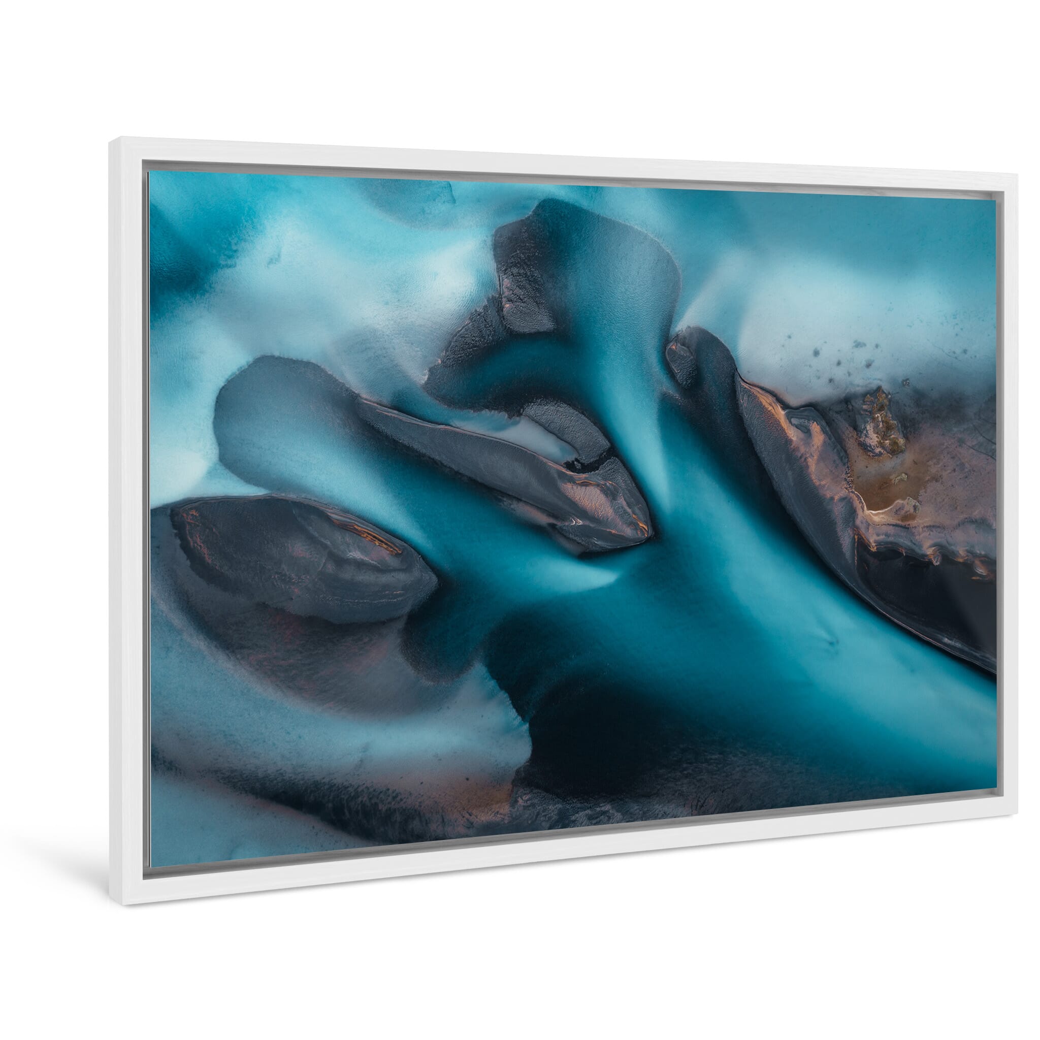 Framed photo print of vivid glacial river patterns captured from the air