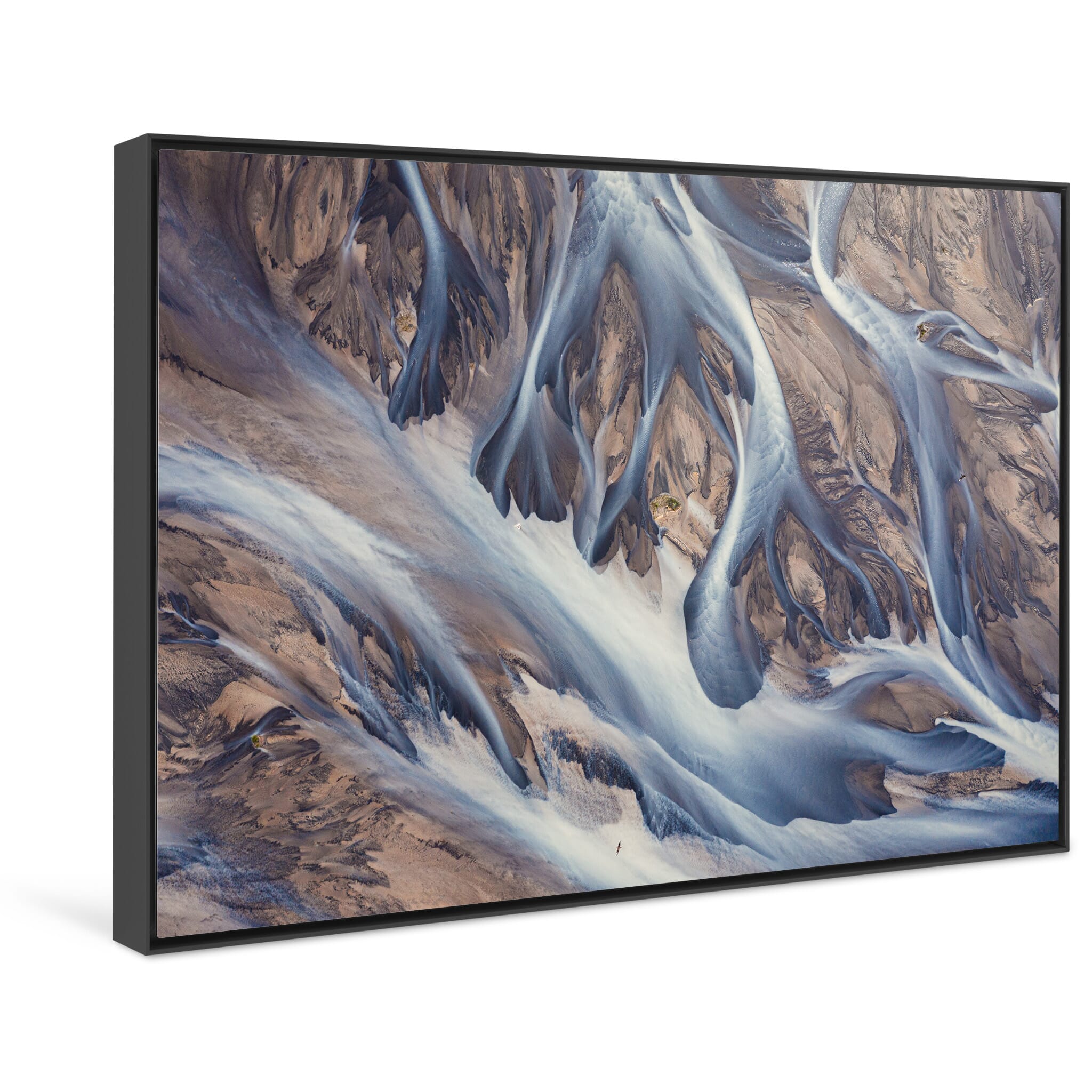 Framed photo print of watercolor-like aerial view of Icelandic glacial landscapes