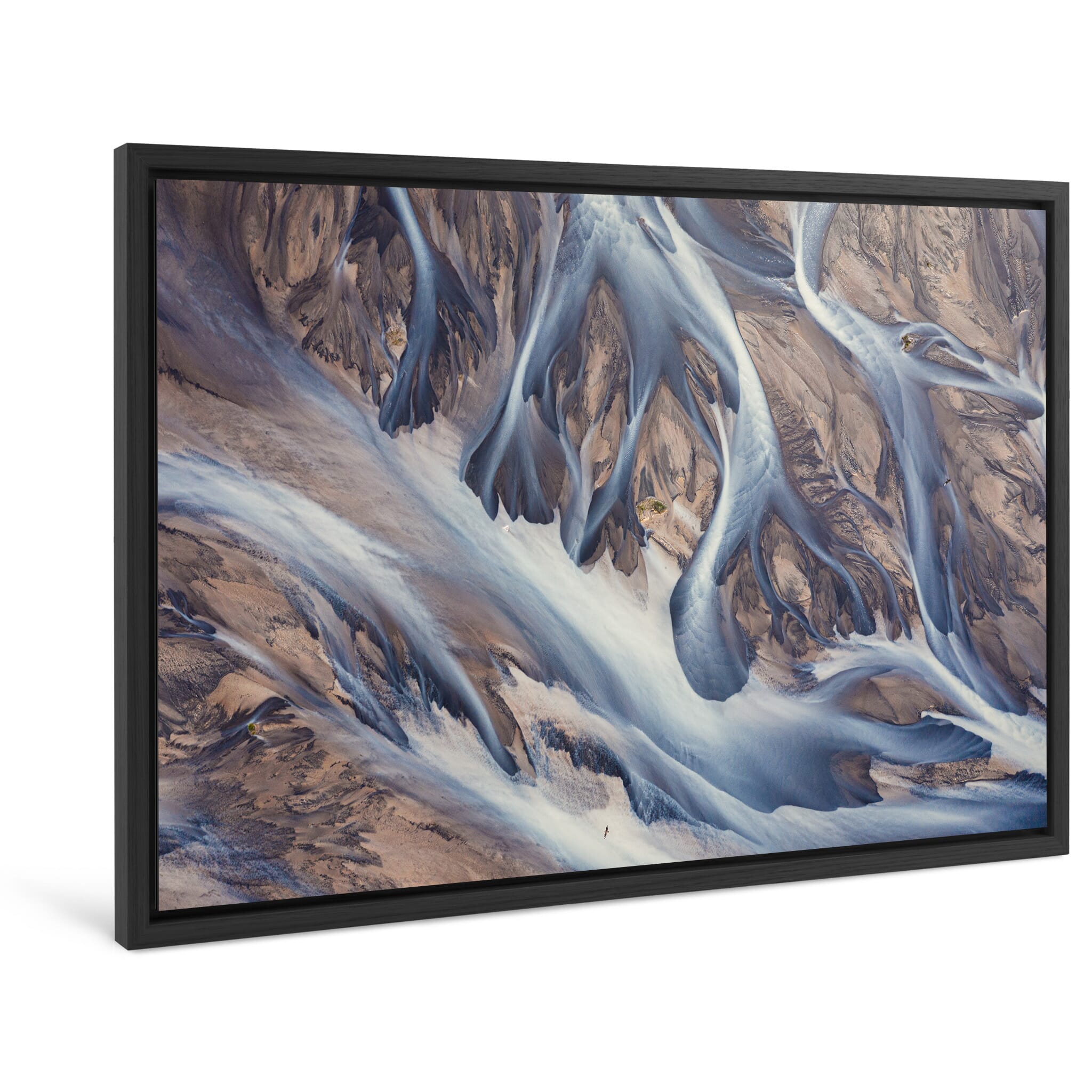 Framed photo print of Icelandic river textures blending earth and water from above