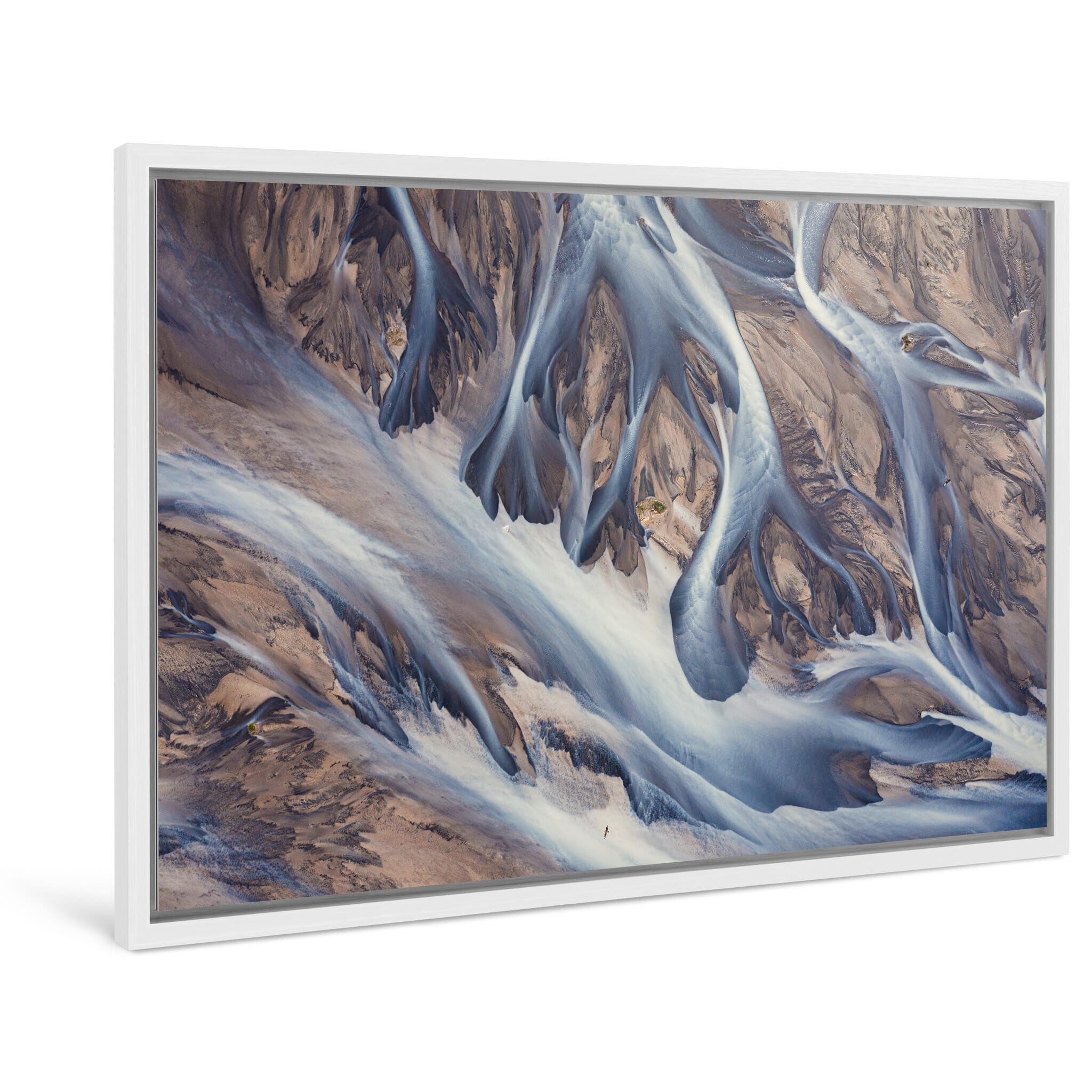 Framed photo print of abstract patterns formed by glacial melt and sediment flow